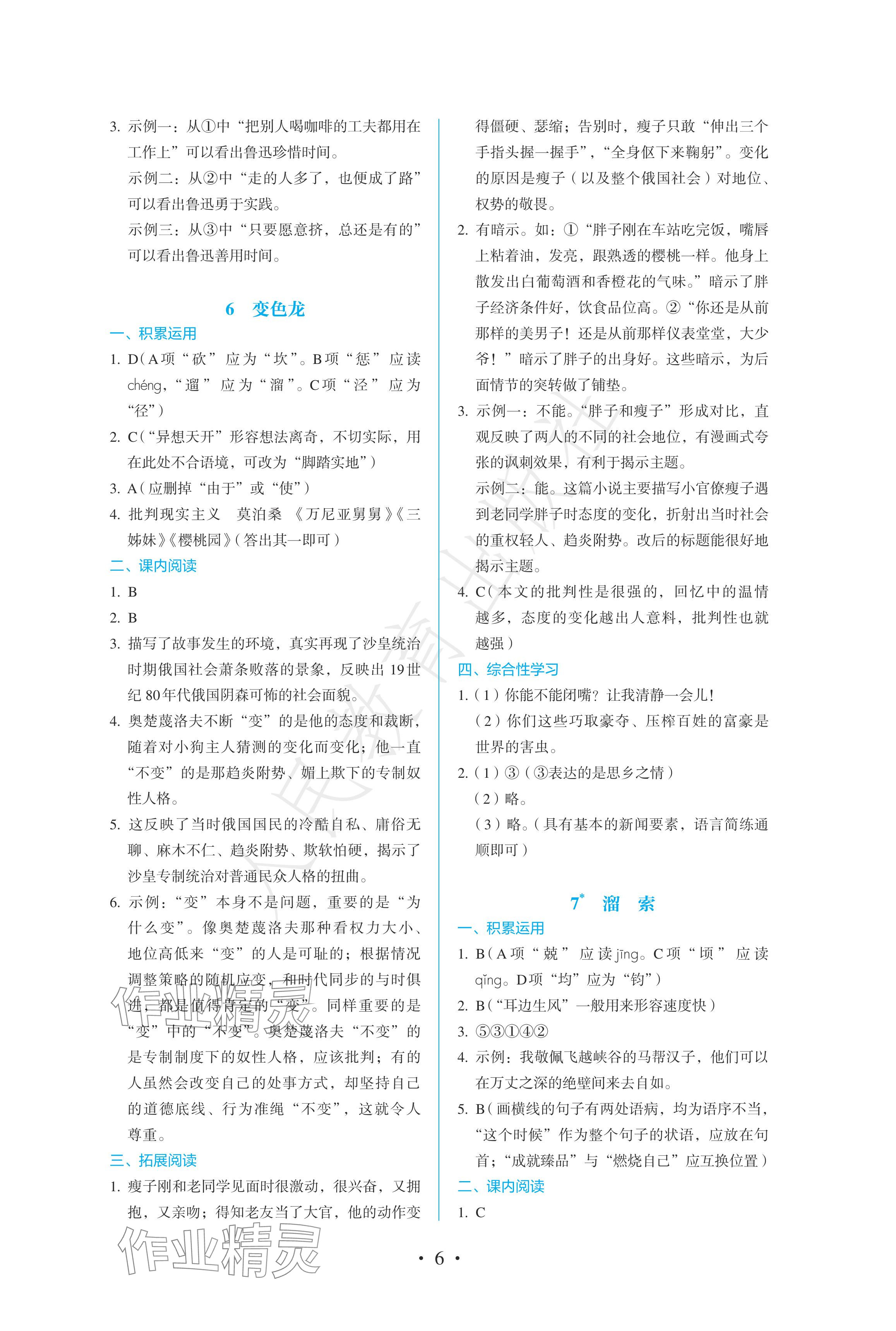 2024年人教金学典同步练习册同步解析与测评九年级语文下册人教版精编版 参考答案第6页