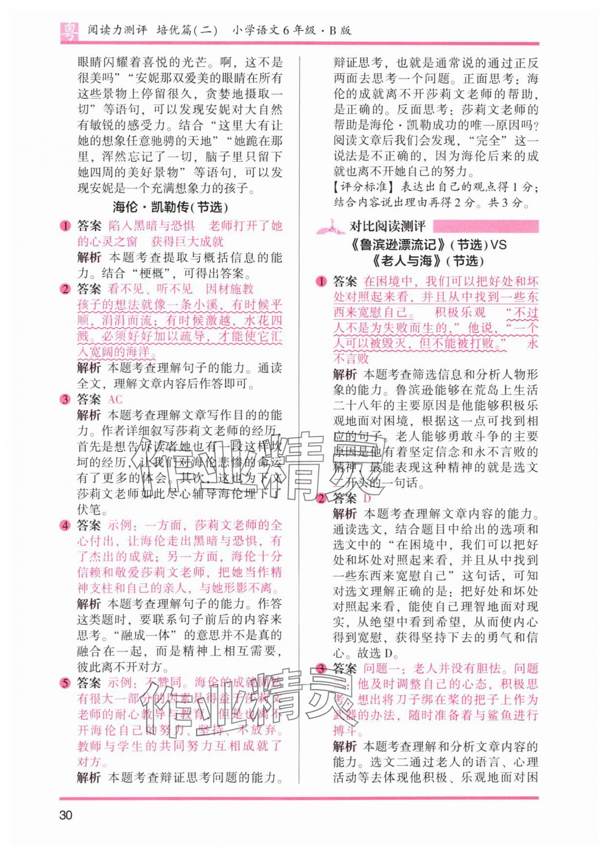 2024年木头马阅读力测评小学语文六年级培优篇B版广东专版 参考答案第12页