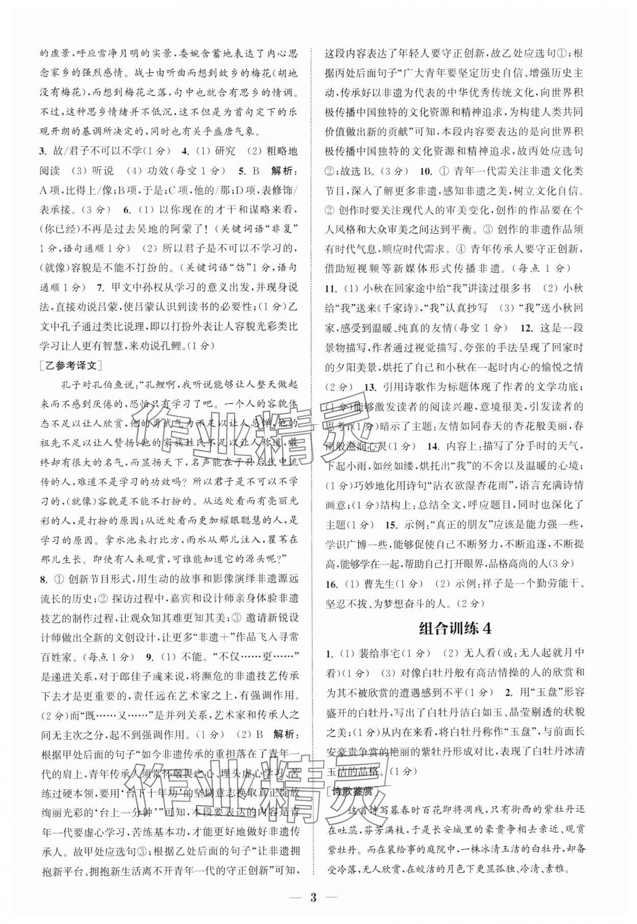 2024年通城学典初中语文阅读组合训练七年级语文下册人教版江苏专版 参考答案第3页