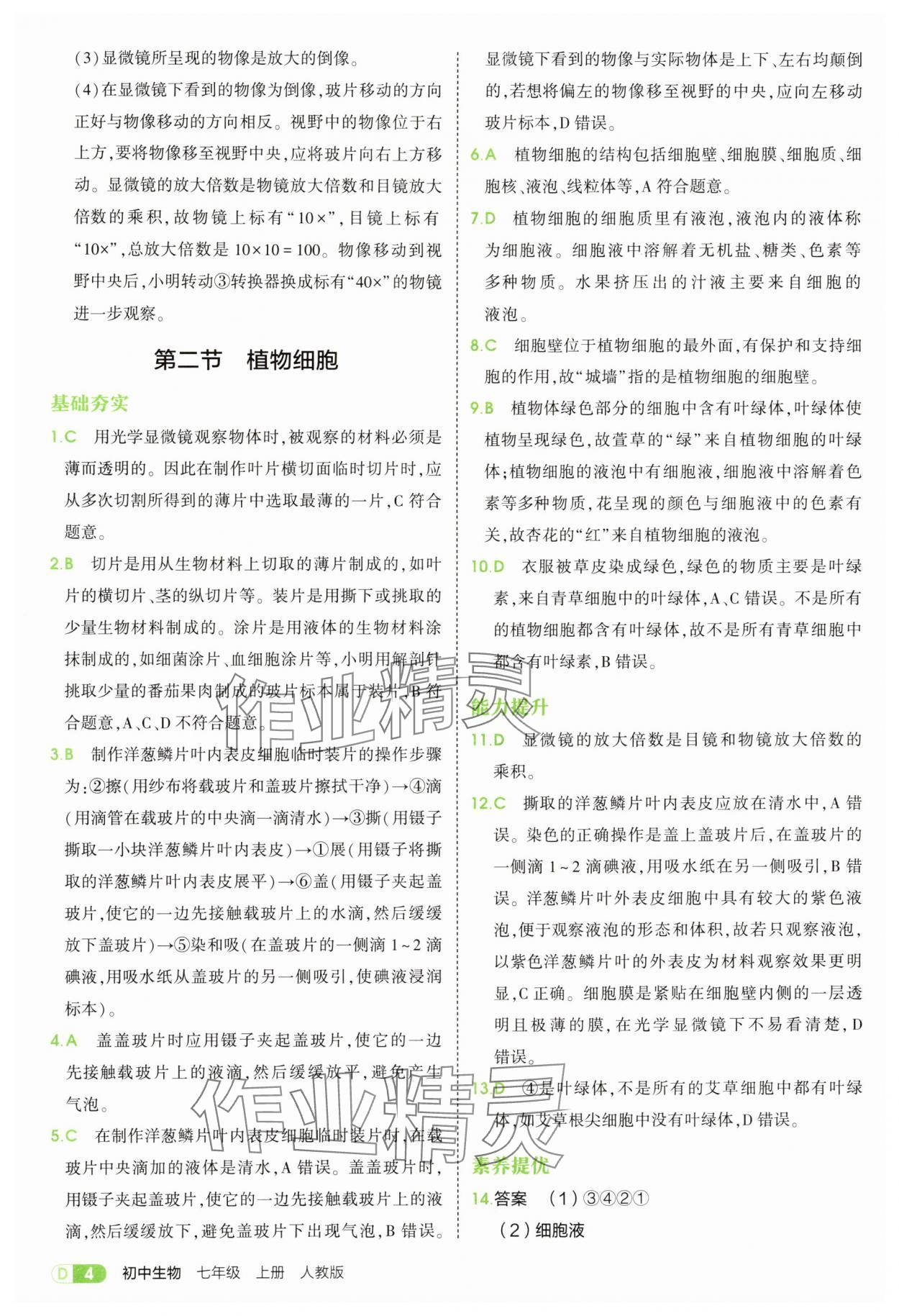 2025年5年中考3年模拟七年级生物上册人教版 参考答案第4页