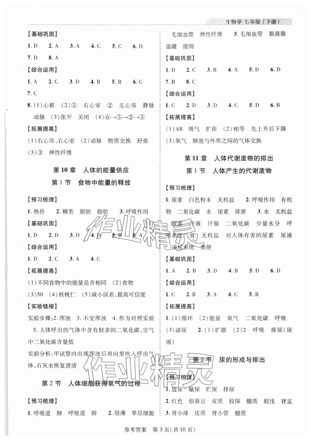 2024年新课程同步学案七年级生物下册北师大版 参考答案第3页