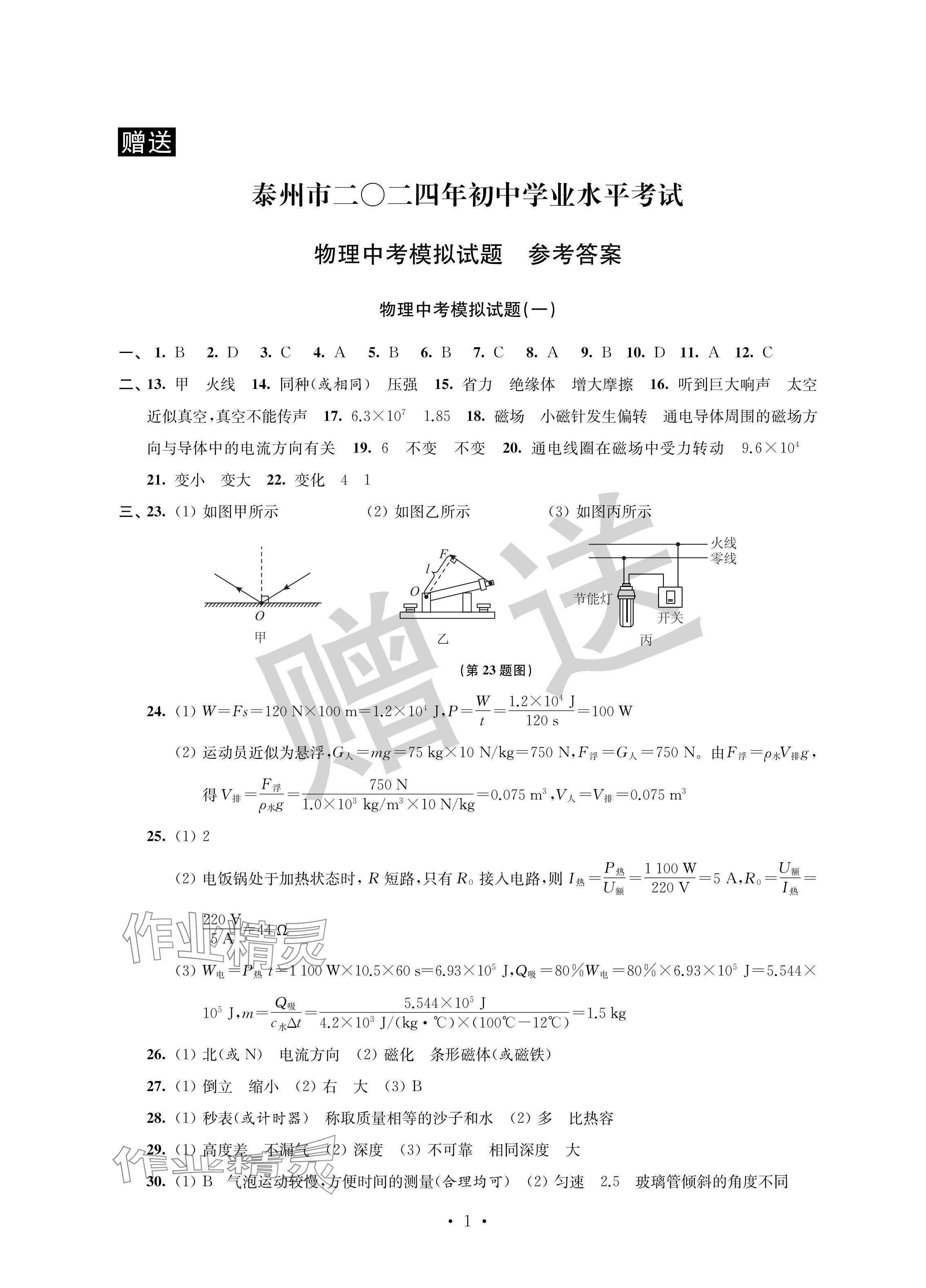 2024年取胜通关中考模拟卷能力提升物理 参考答案第1页