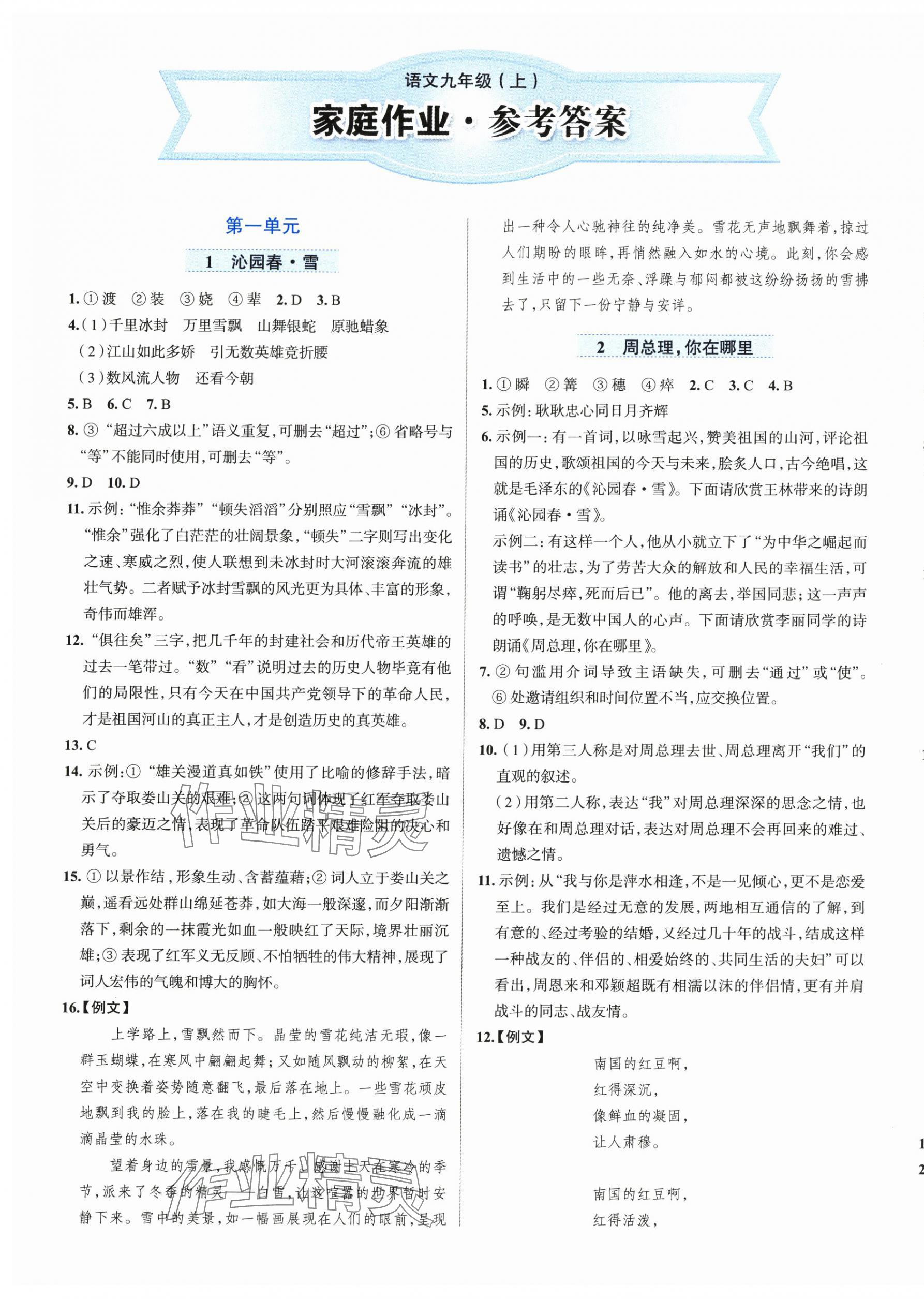 2025年家庭作业九年级语文上册人教版 第1页