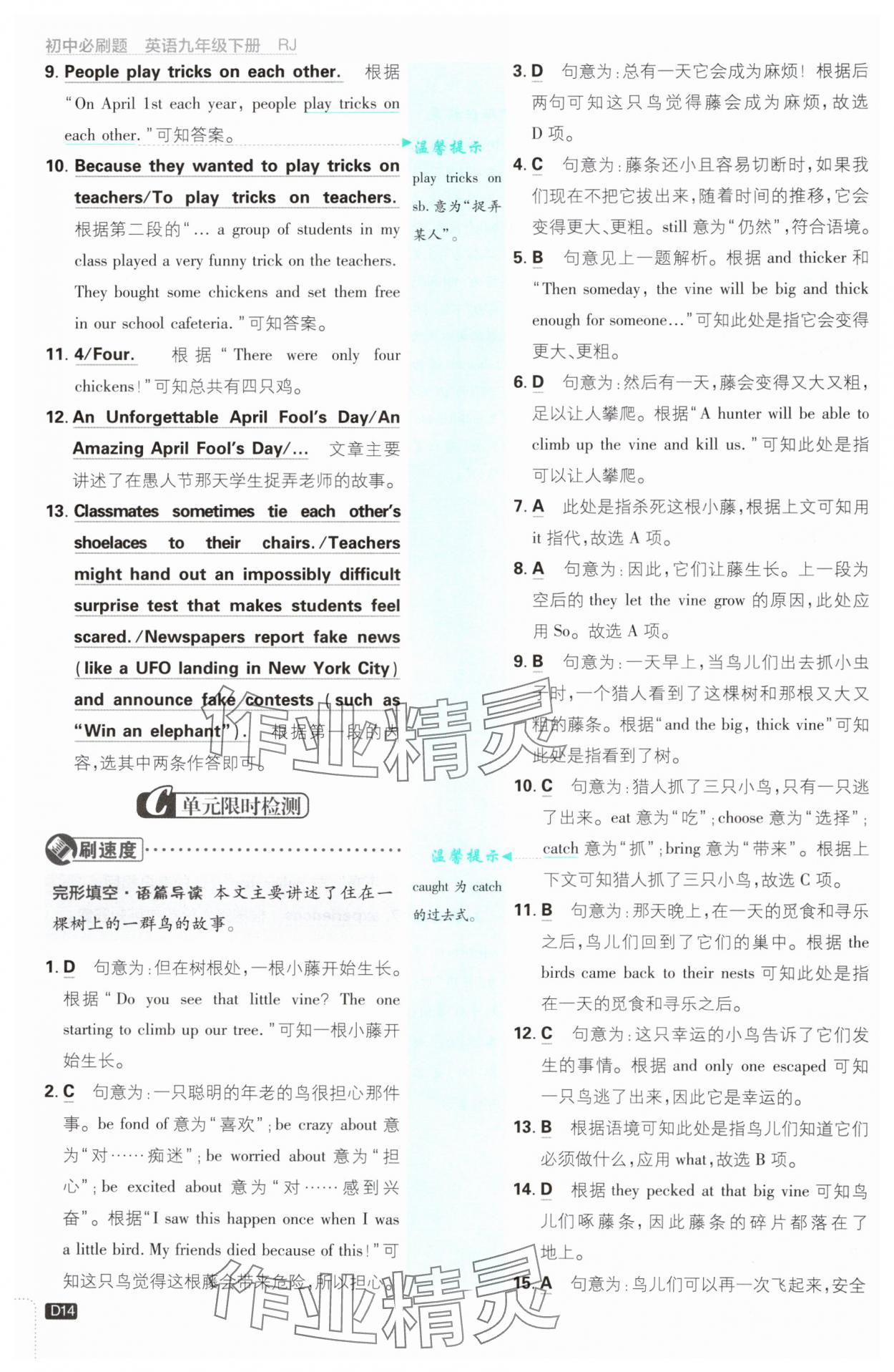 2025年初中必刷题九年级英语下册人教版&nbsp;参考答案第14页