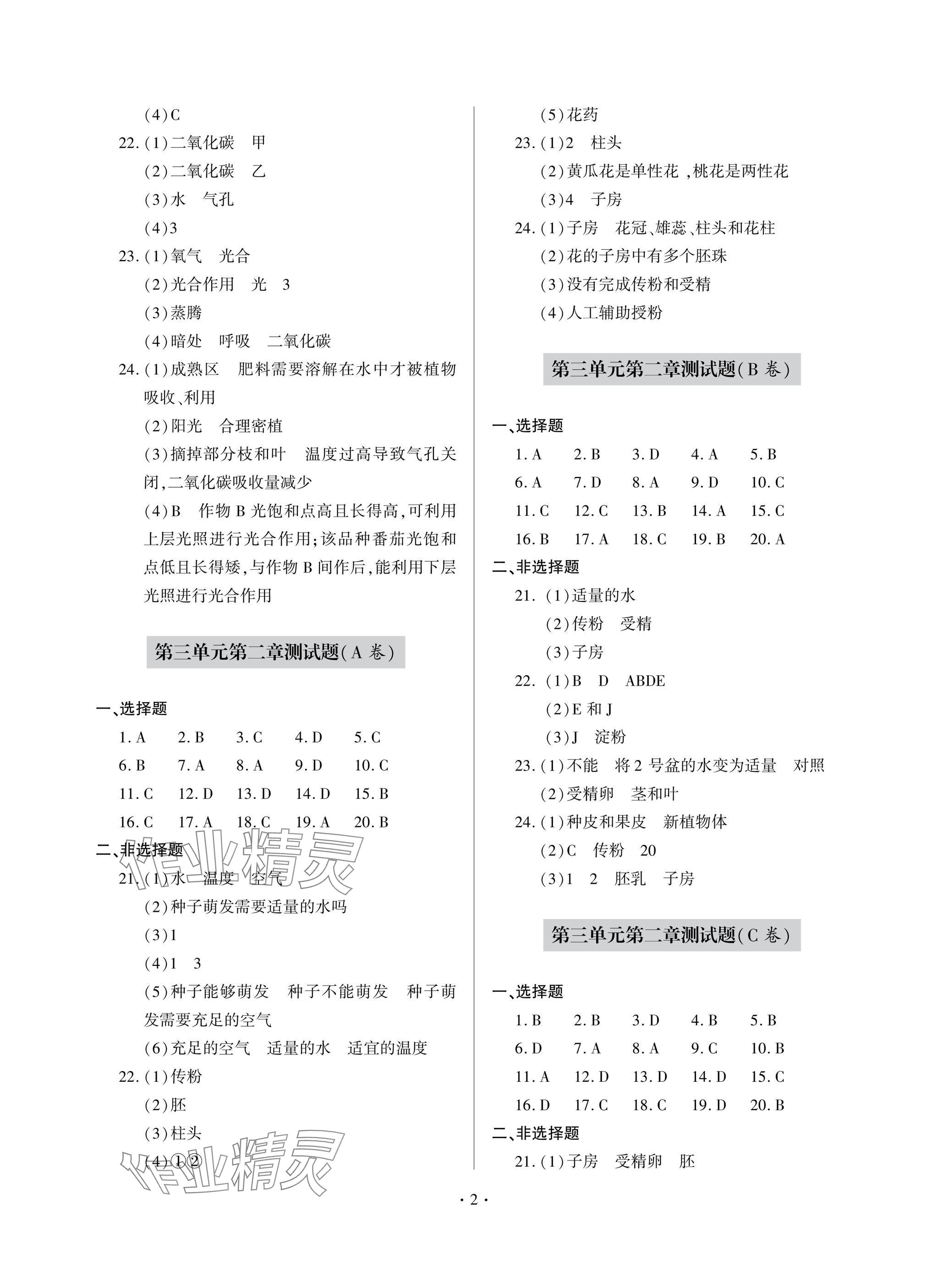 2025年單元自測試卷七年級生物下冊人教版 參考答案第2頁
