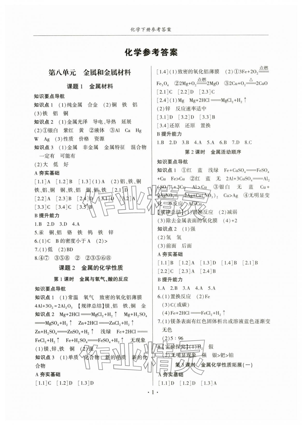 2024年金榜秘笈名校作業(yè)本九年級(jí)化學(xué)下冊(cè)人教版 第1頁(yè)