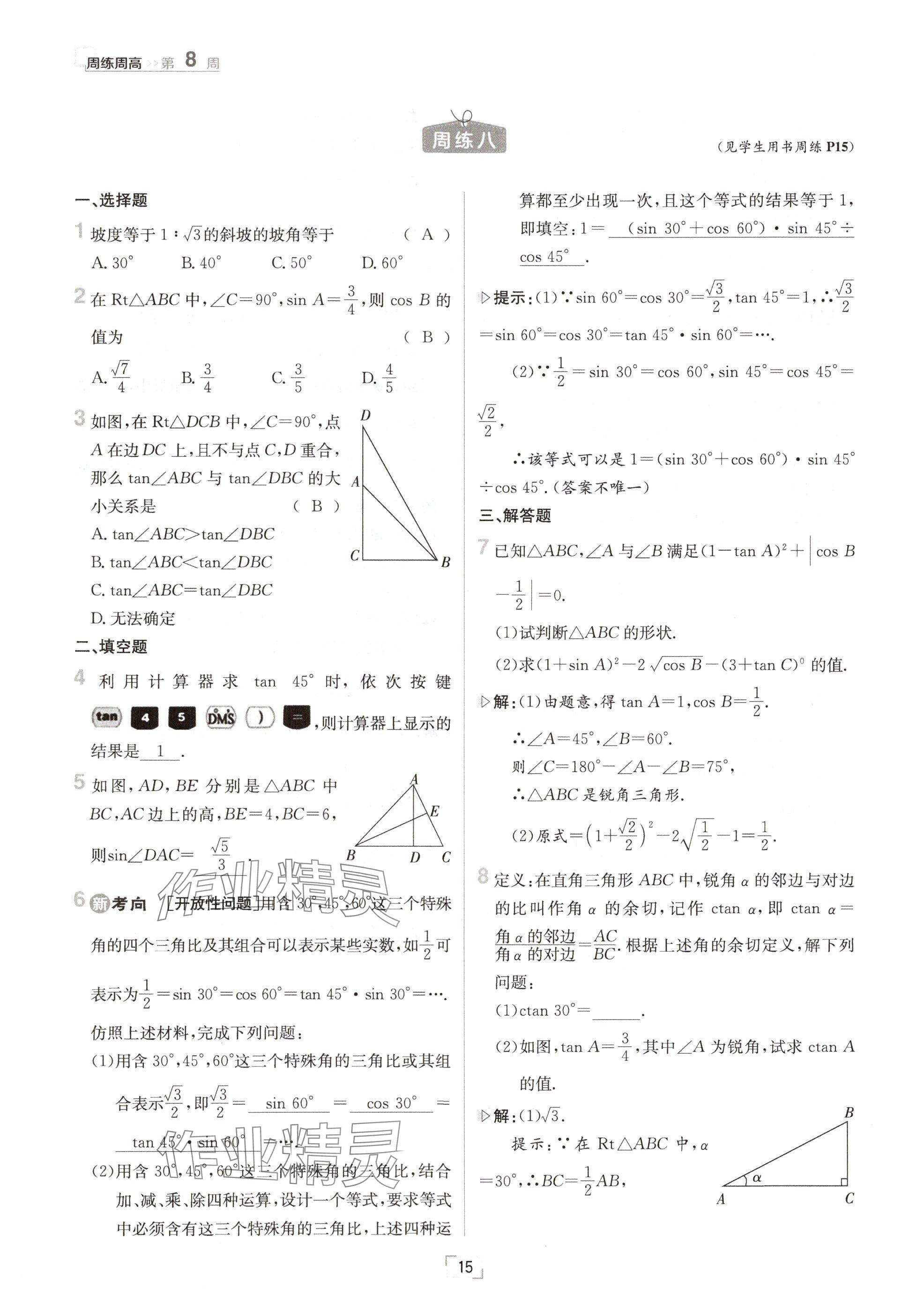 2024年日清周練九年級數(shù)學(xué)全一冊滬科版 參考答案第15頁