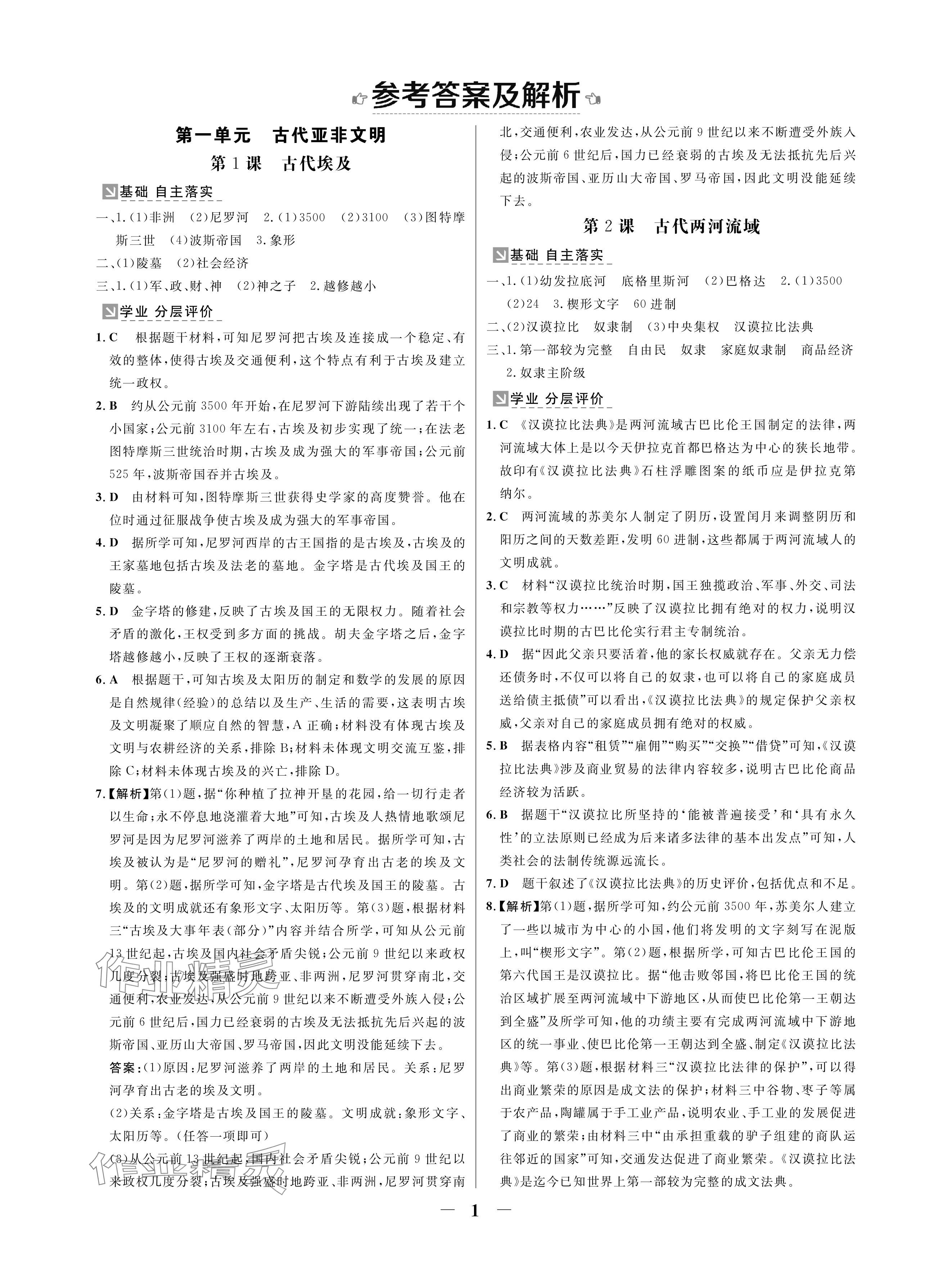 2024年南方新課堂金牌學(xué)案九年級歷史上冊人教版深圳專版 參考答案第1頁