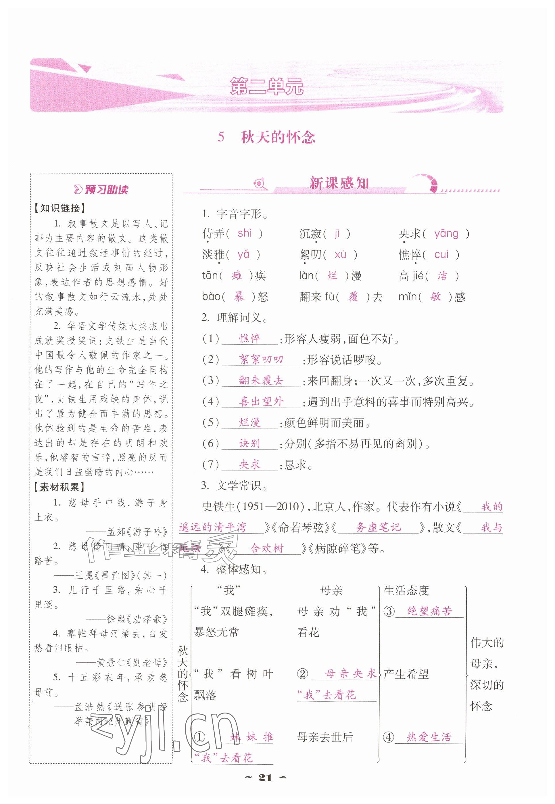 2026年云南省标准教辅优佳学案七年级语文上册人教版&nbsp;参考答案第21页