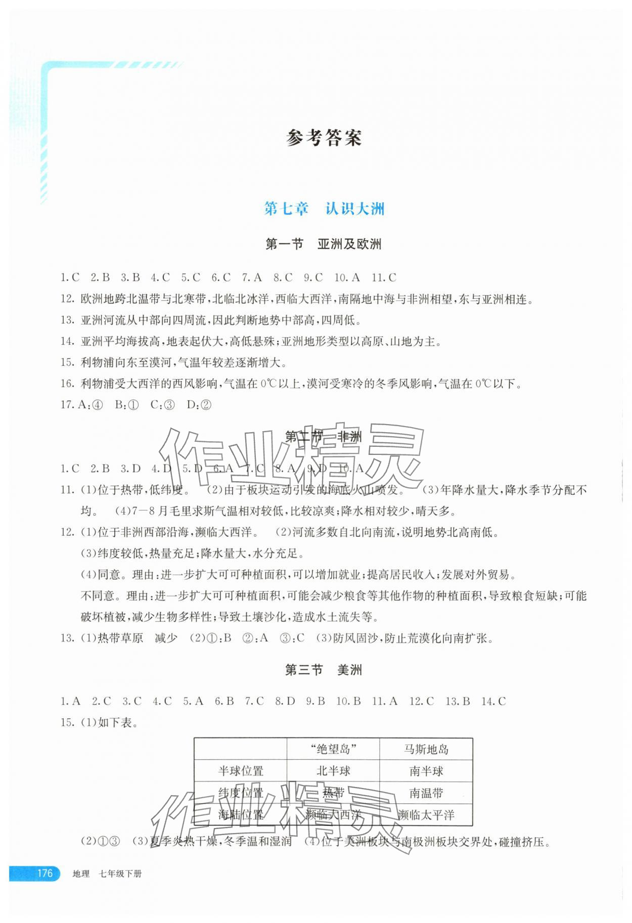 2025年助学指南七年级地理下册湘教版 参考答案第1页