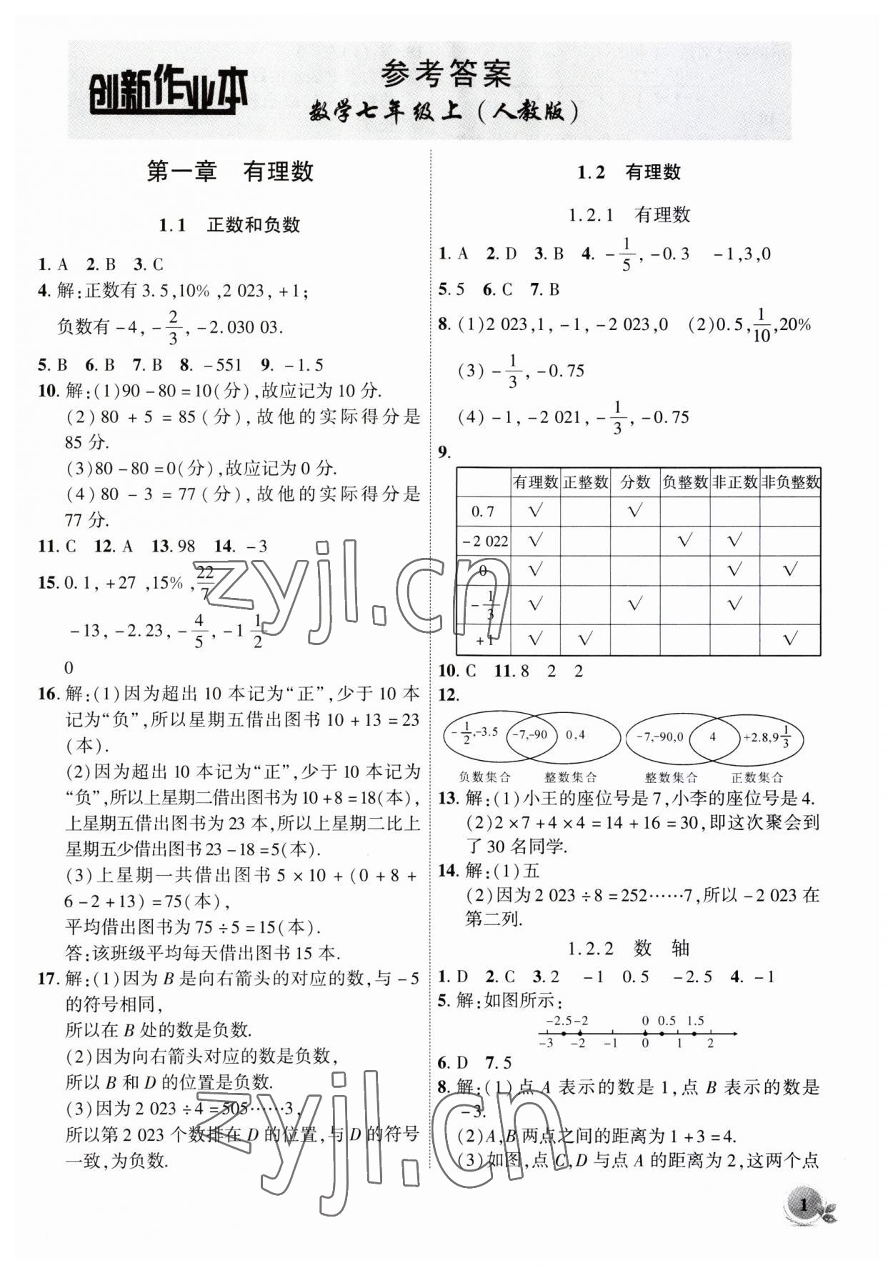 2023年创新课堂创新作业本七年级数学上册人教版 第1页