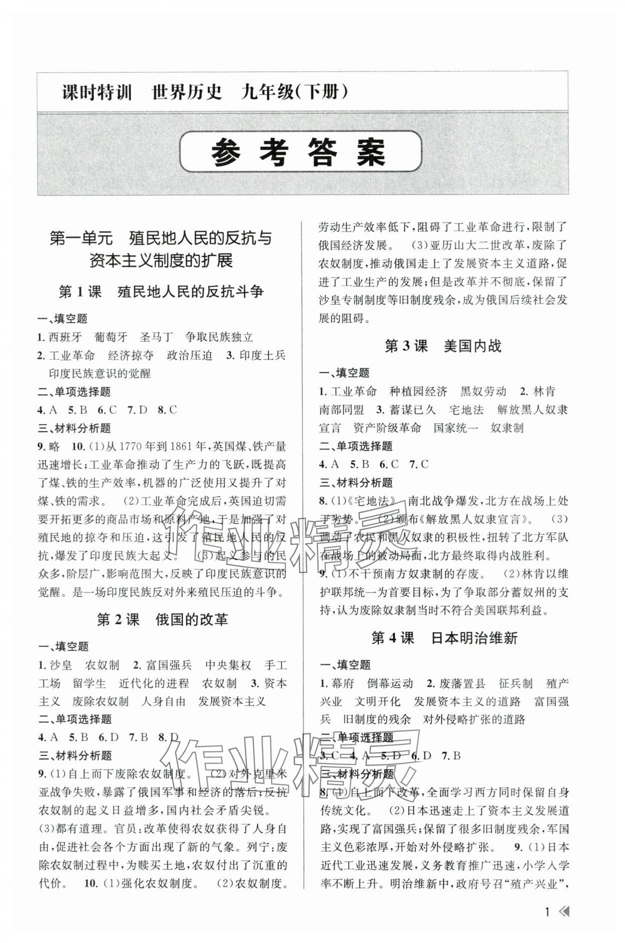 2024年浙江新課程三維目標(biāo)測(cè)評(píng)課時(shí)特訓(xùn)九年級(jí)歷史下冊(cè)人教版 第1頁