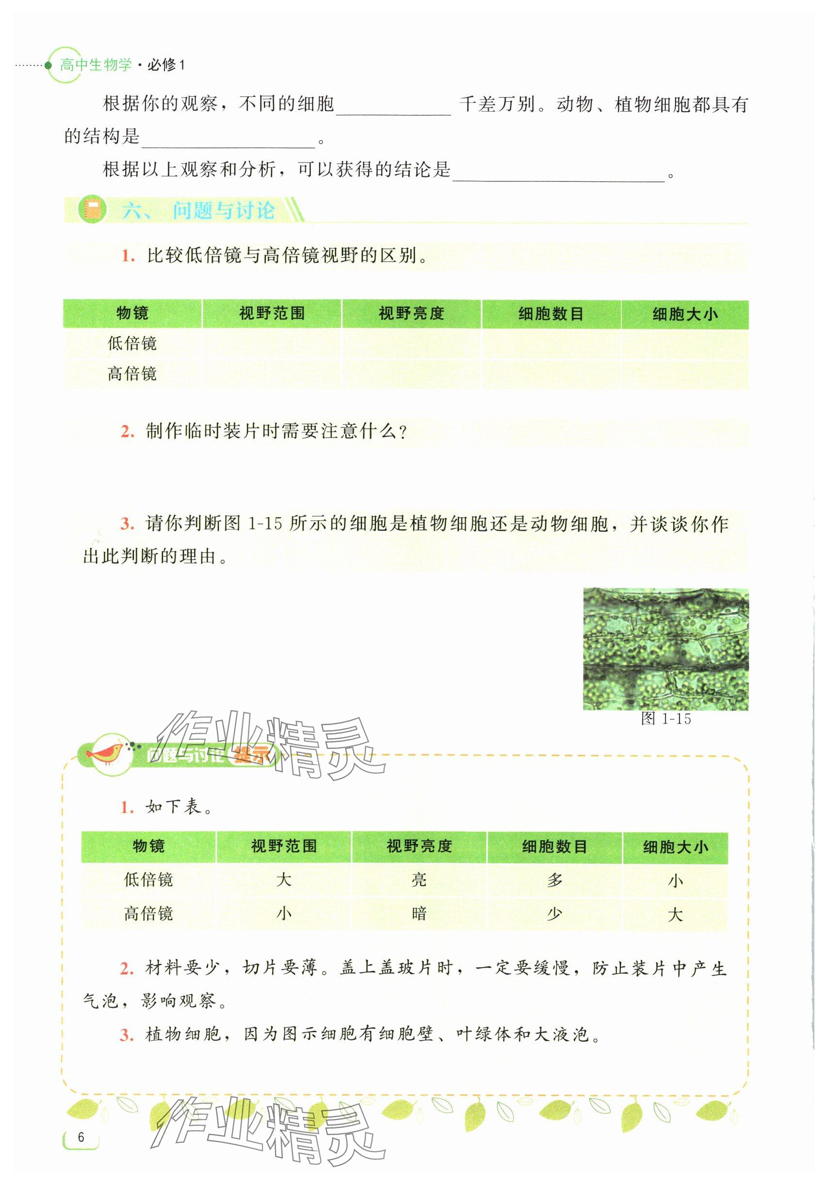 2024年中學(xué)理科實(shí)驗(yàn)指導(dǎo)生物必修1 參考答案第6頁(yè)