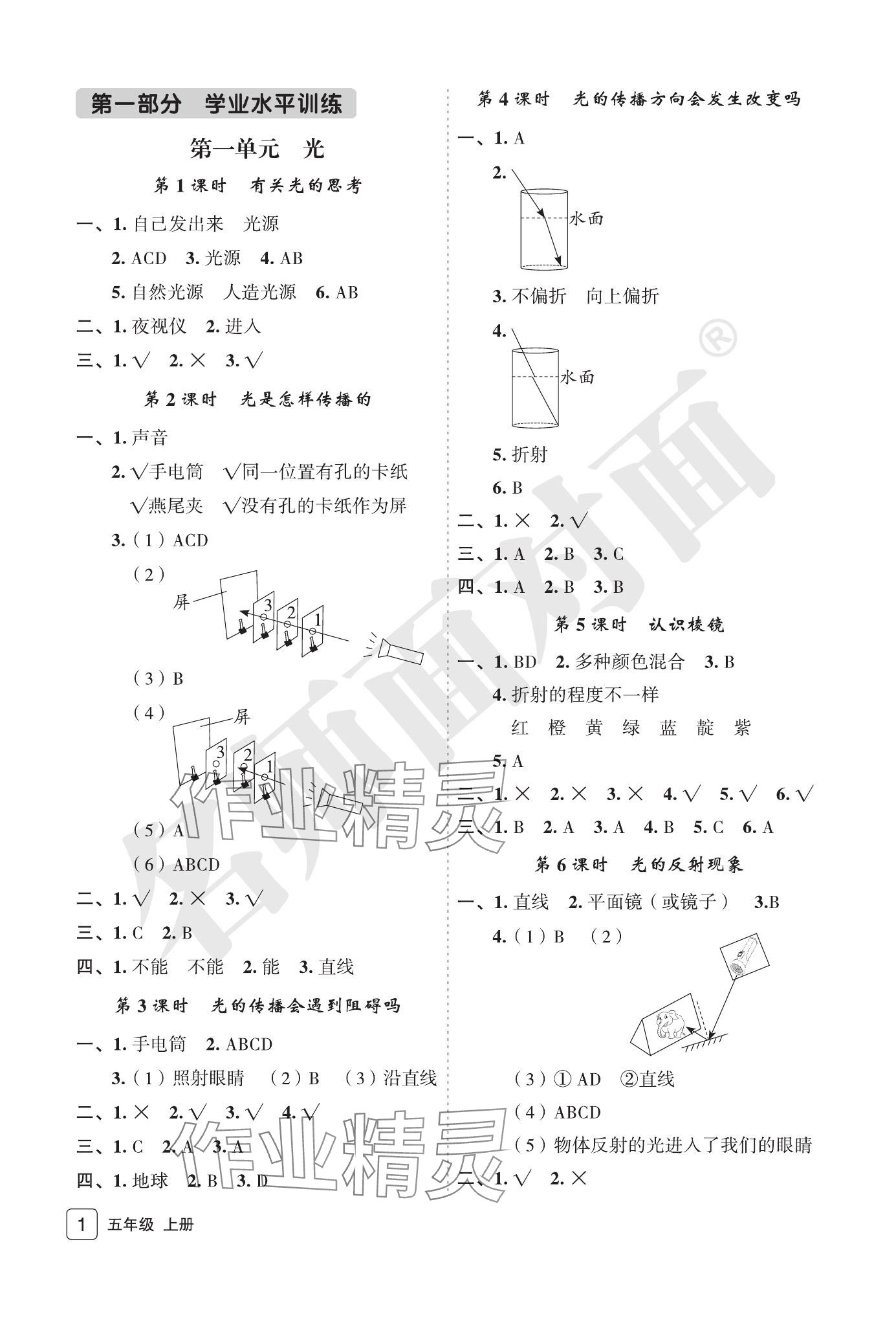 2023年名師面對面先學后練五年級科學上冊教科版評議教輔 參考答案第1頁