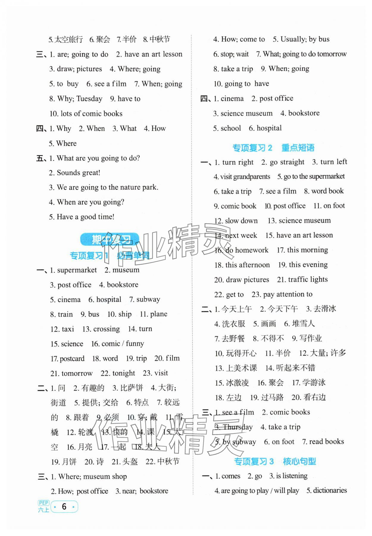 2025年陽光同學默寫小達人六年級英語上冊人教版 參考答案第6頁