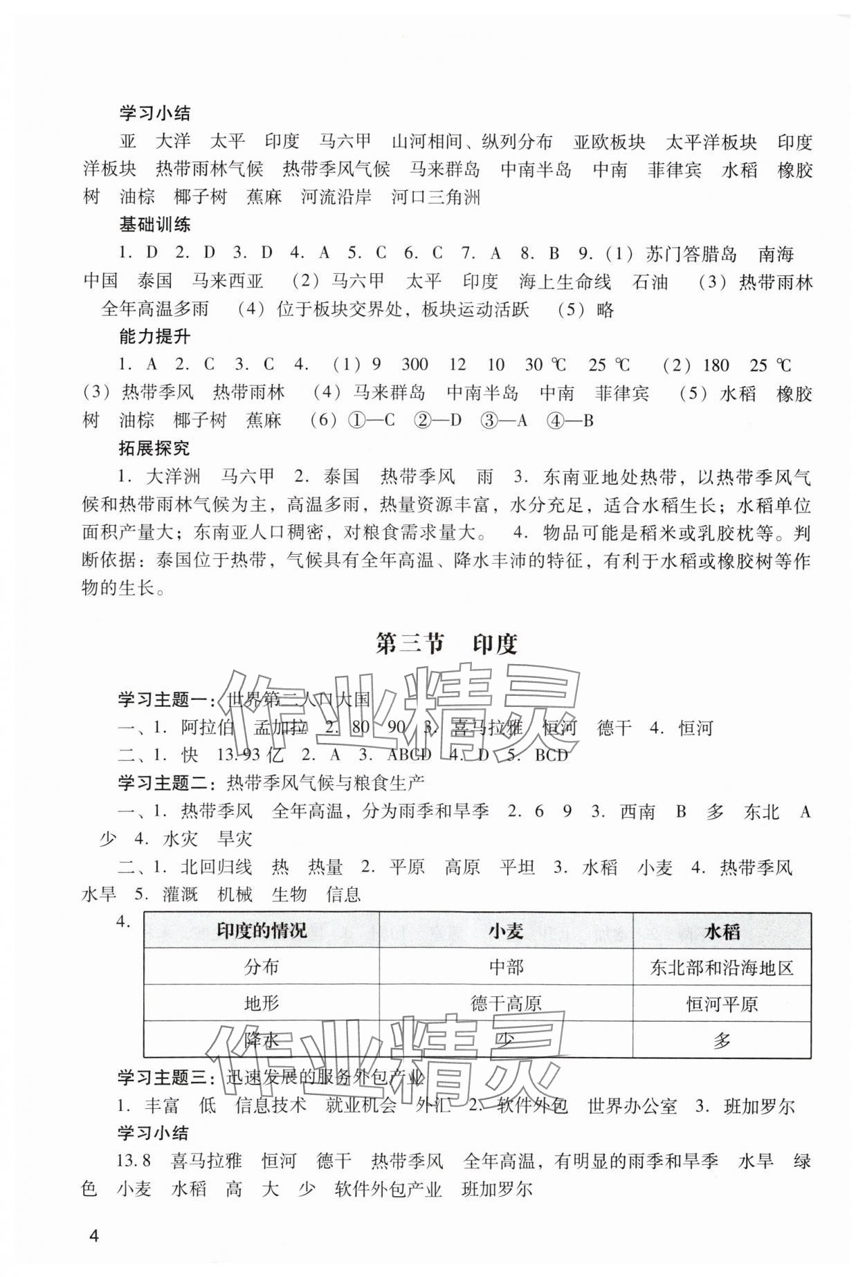 2024年陽光學(xué)業(yè)評價(jià)七年級地理下冊人教版 參考答案第4頁