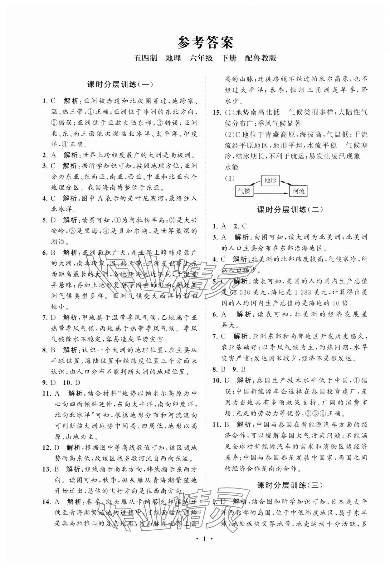 2025年同步练习册分层卷六年级地理下册鲁教版54制 参考答案第1页