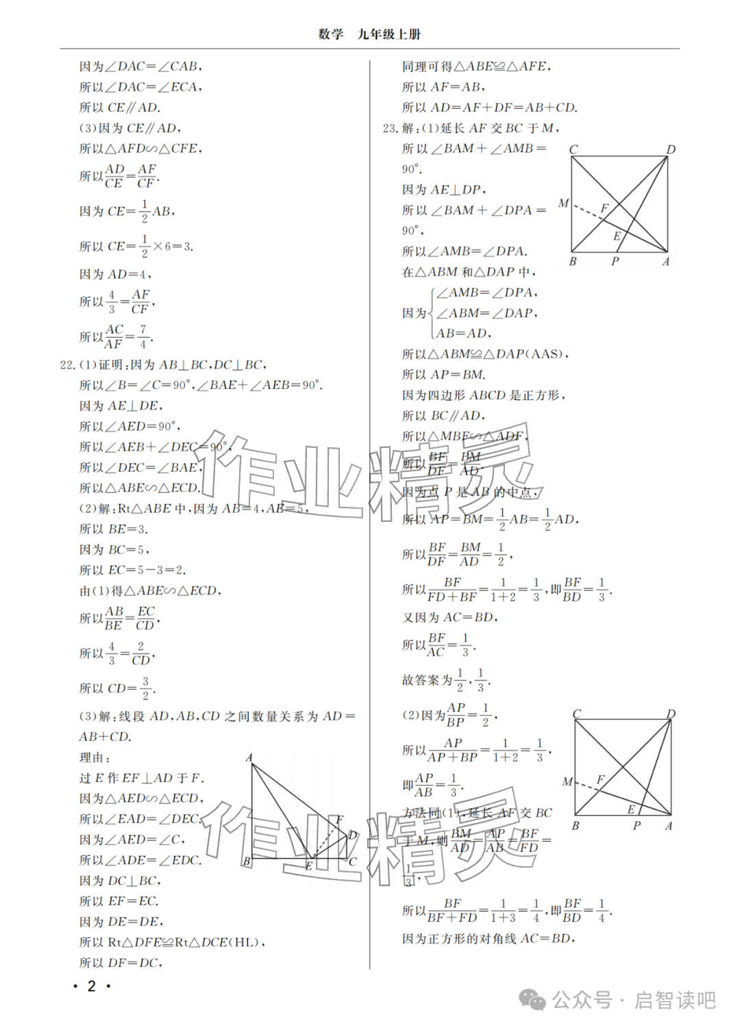 2025年同步练习册分层检测卷九年级数学上册青岛版 参考答案第2页