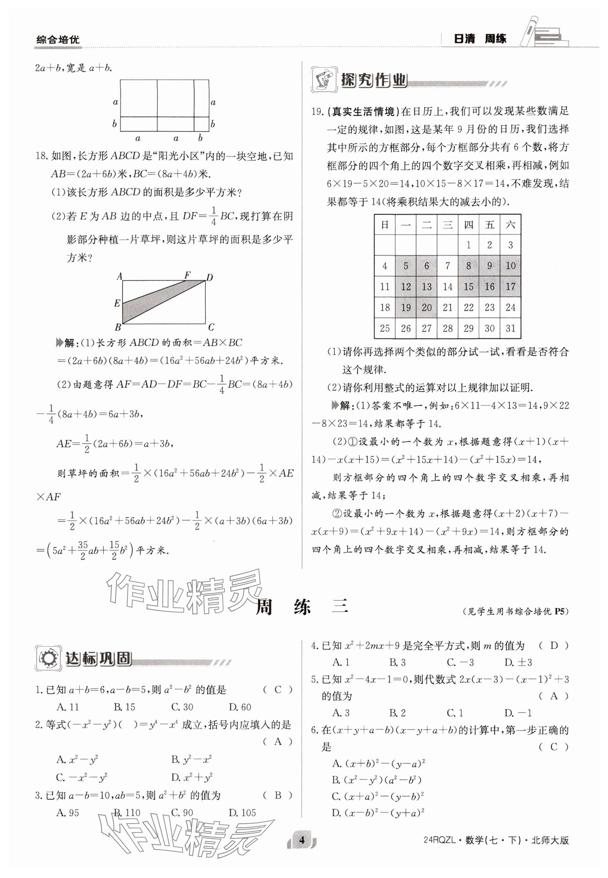 2024年日清周練七年級數(shù)學下冊北師大版 參考答案第4頁