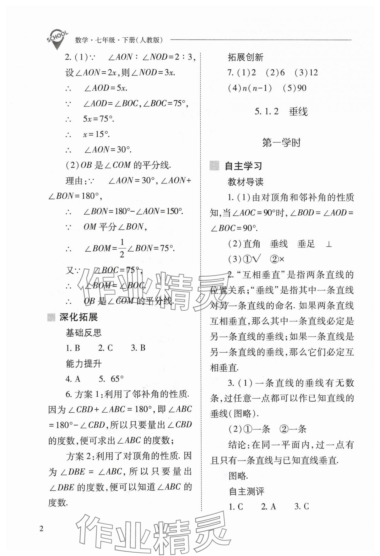 2024年新课程问题解决导学方案七年级数学下册人教版 参考答案第2页