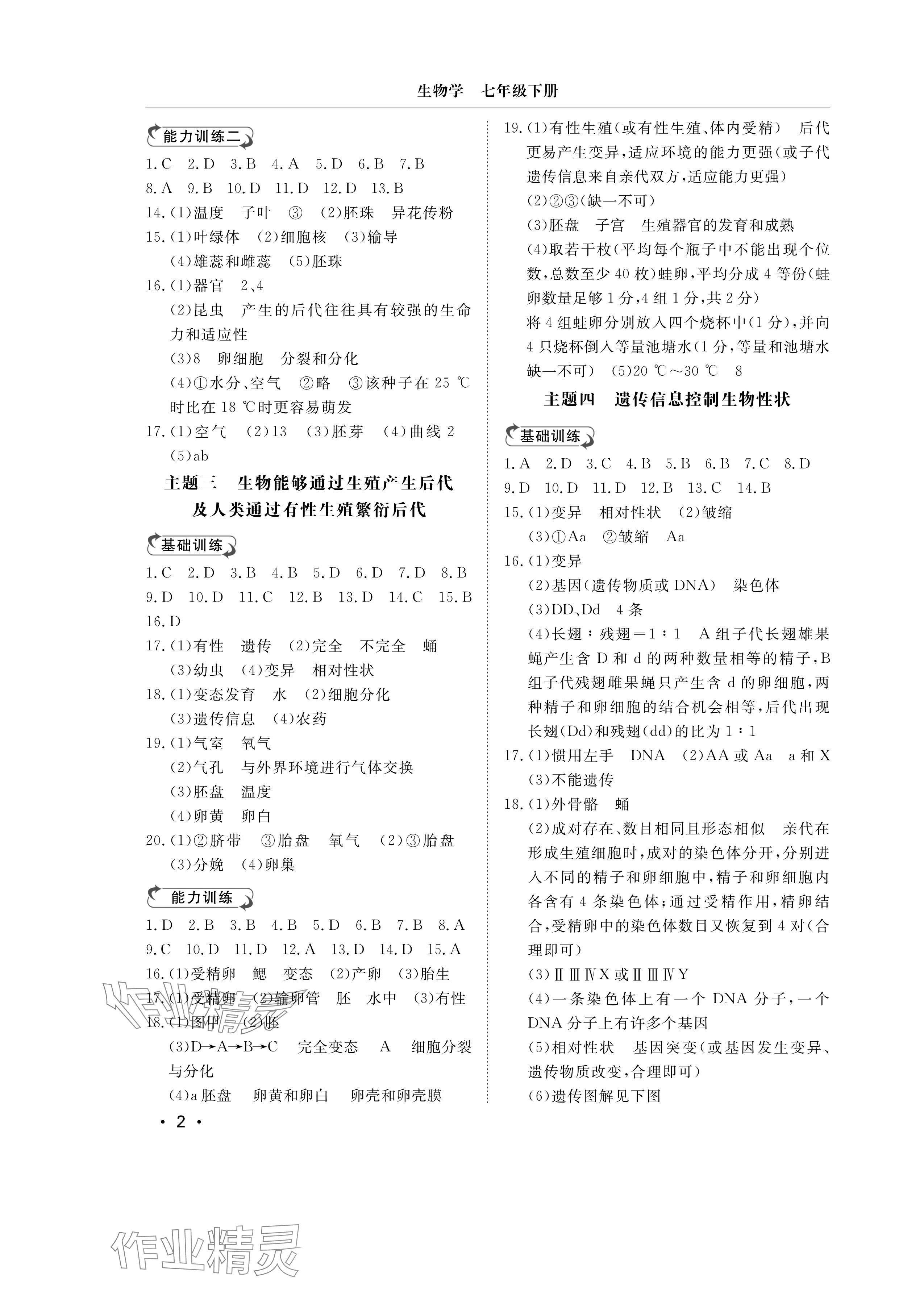 2025年行知天下七年级生物下册济南版 参考答案第2页