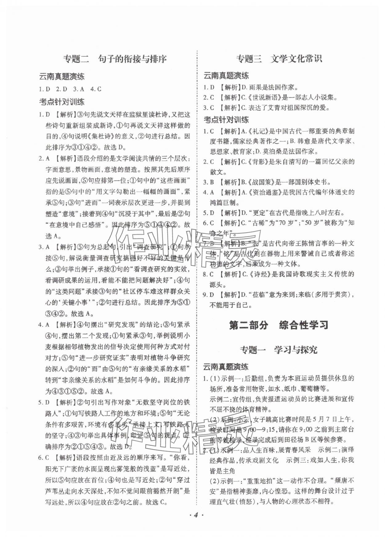 2025年本土攻略精準(zhǔn)復(fù)習(xí)方案語(yǔ)文云南專版 參考答案第4頁(yè)