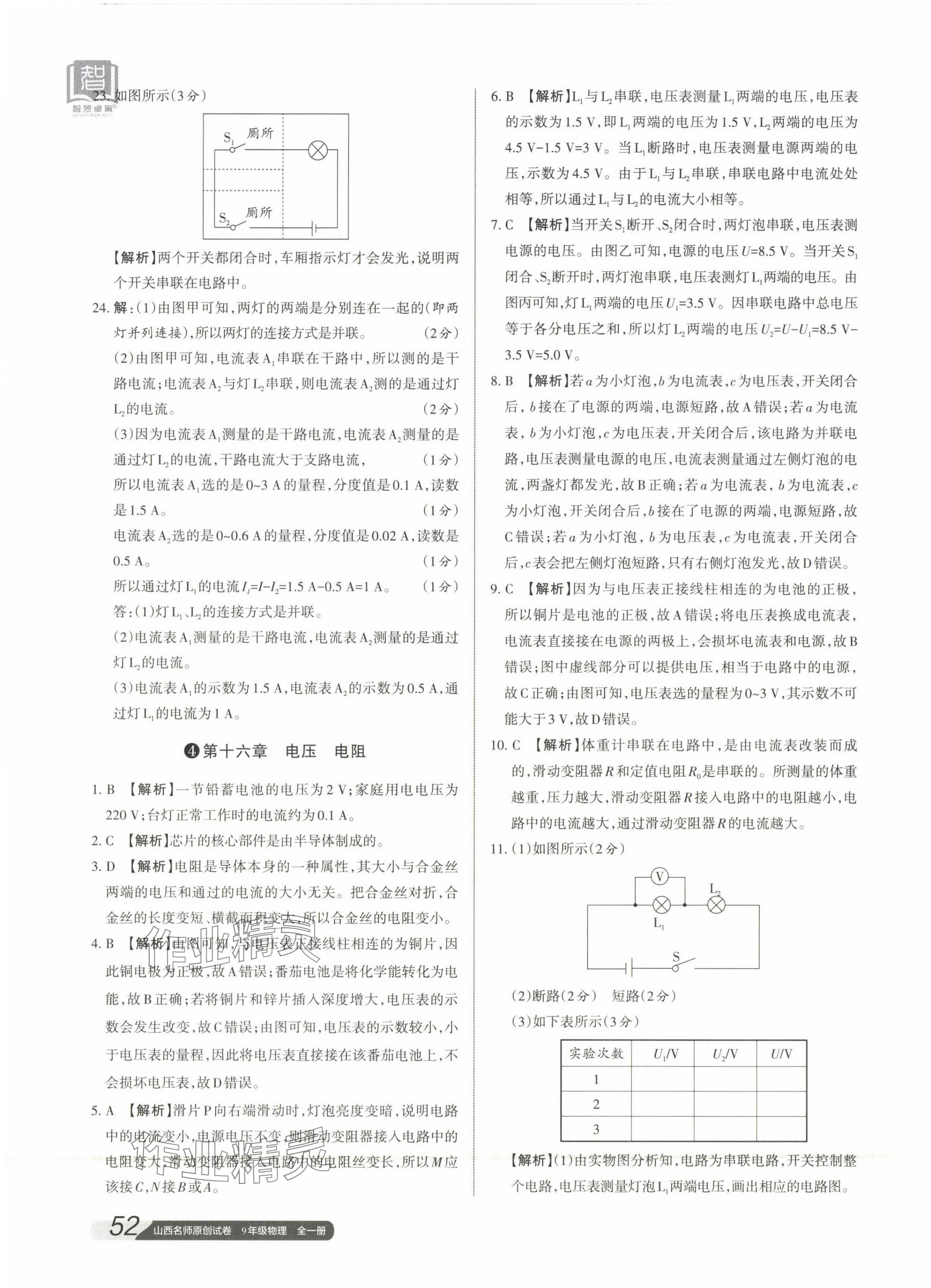 2023年山西名師原創(chuàng)試卷九年級物理全一冊人教版 參考答案第7頁