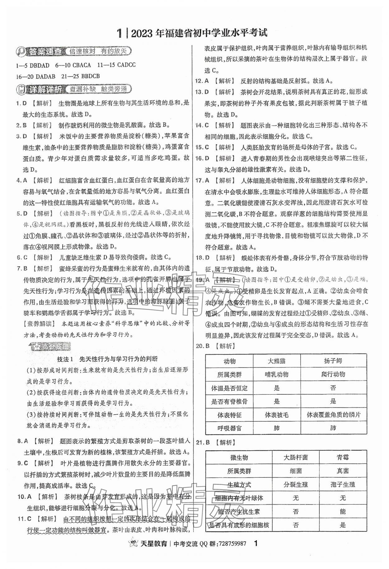 2024年金考卷福建中考45套匯編生物 參考答案第1頁(yè)