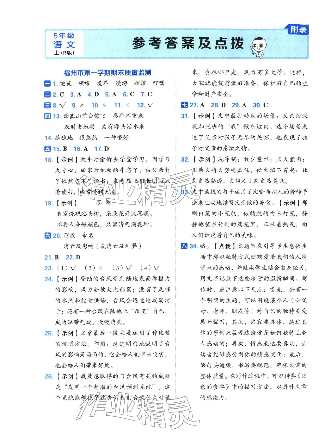 2025年好卷五年级语文上册人教版福建专版&nbsp;参考答案第1页