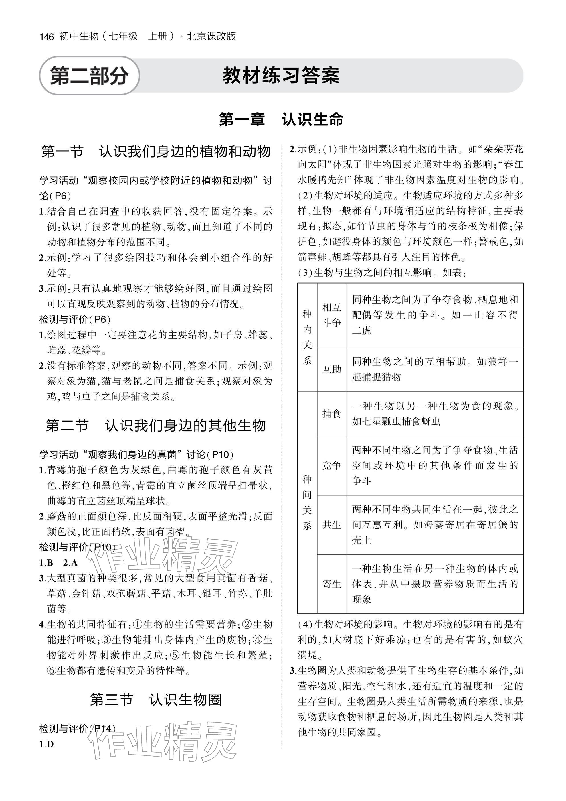 2025年教材课本七年级生物上册北京版 参考答案第1页