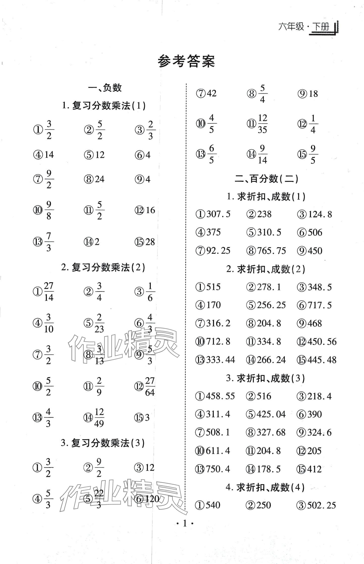 2024年千里馬同步豎式脫式計算六年級數學下冊人教版 第1頁