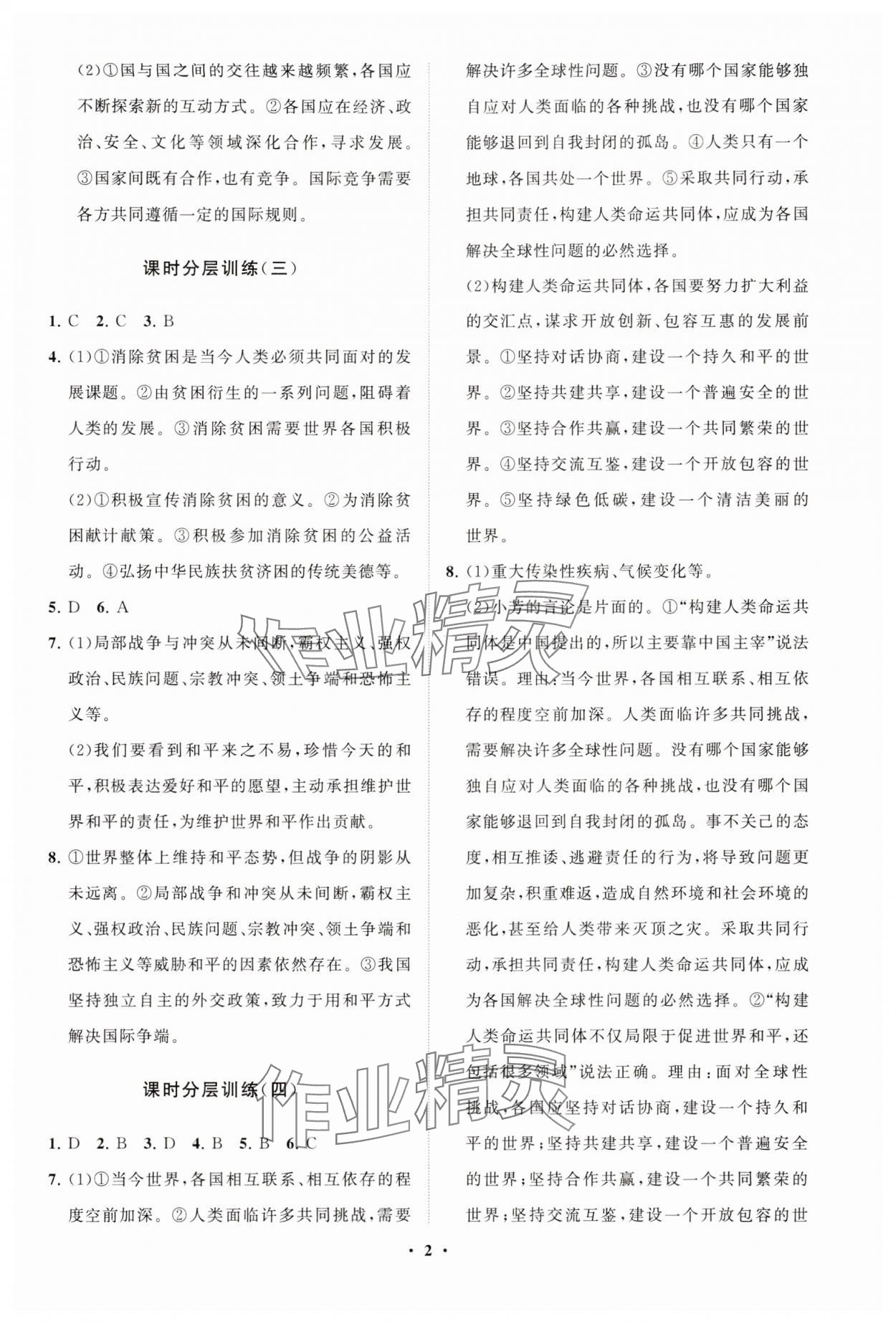 2025年同步练习册分层卷九年级道德与法治下册人教版 参考答案第2页