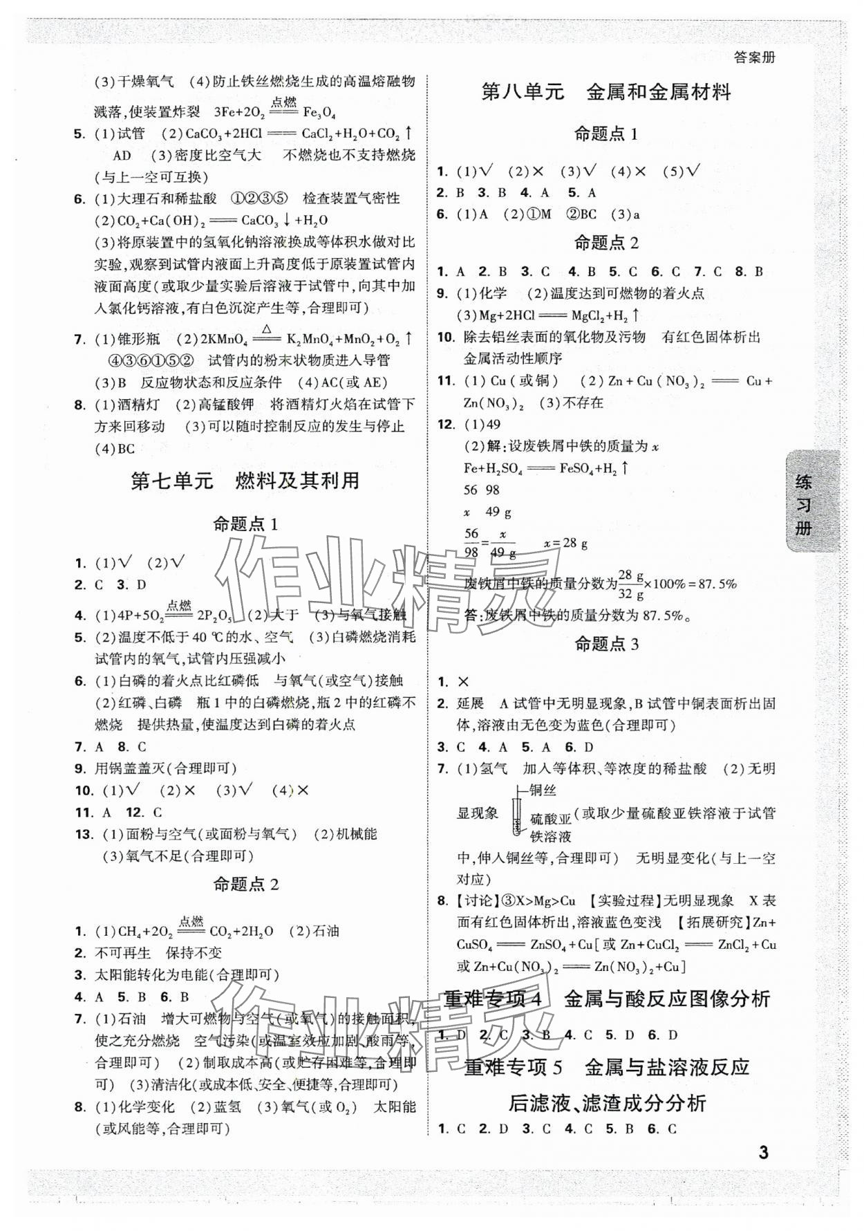 2024年中考面對(duì)面化學(xué)河北專版 參考答案第3頁