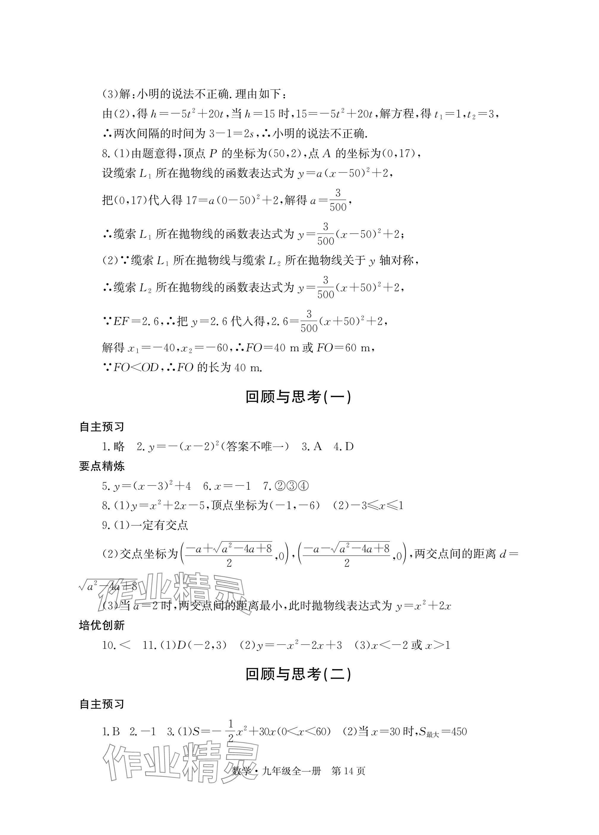 2025年自主学习指导课程与测试九年级数学全一册人教版 参考答案第14页