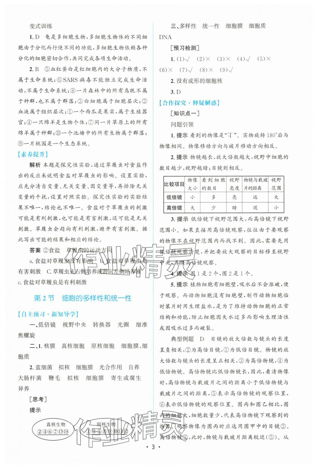 2025年高中同步測(cè)控優(yōu)化設(shè)計(jì)（分子與細(xì)胞）高中生物必修1人教版增強(qiáng)版 參考答案第2頁(yè)