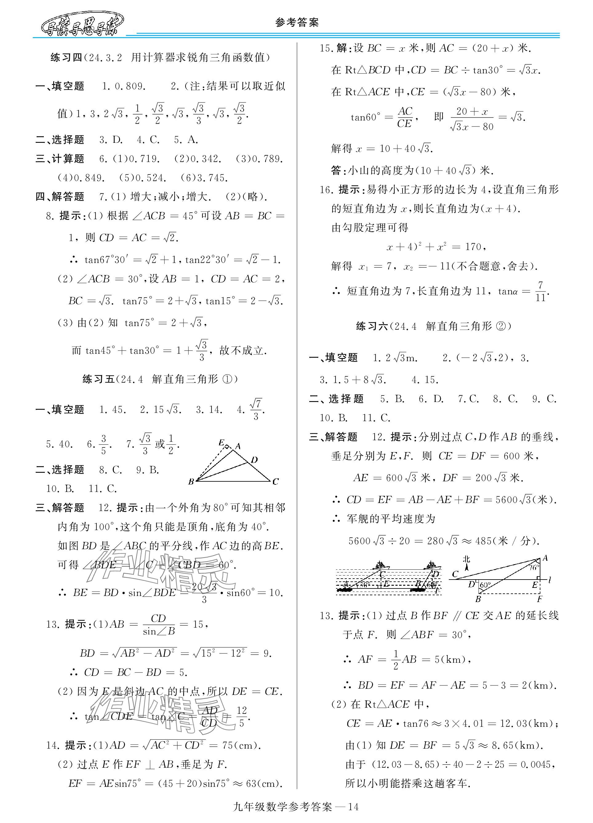 2023年新課程學(xué)習(xí)指導(dǎo)九年級(jí)數(shù)學(xué)全一冊(cè)華師大版 參考答案第14頁