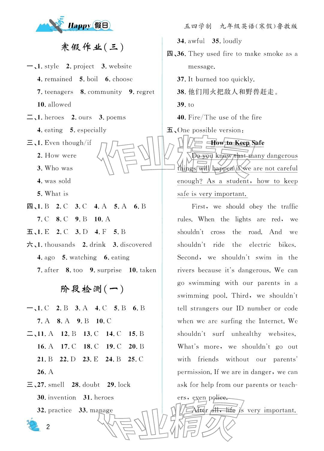 2026年寒假Happy假日九年级英语鲁教版五四制&nbsp;参考答案第2页