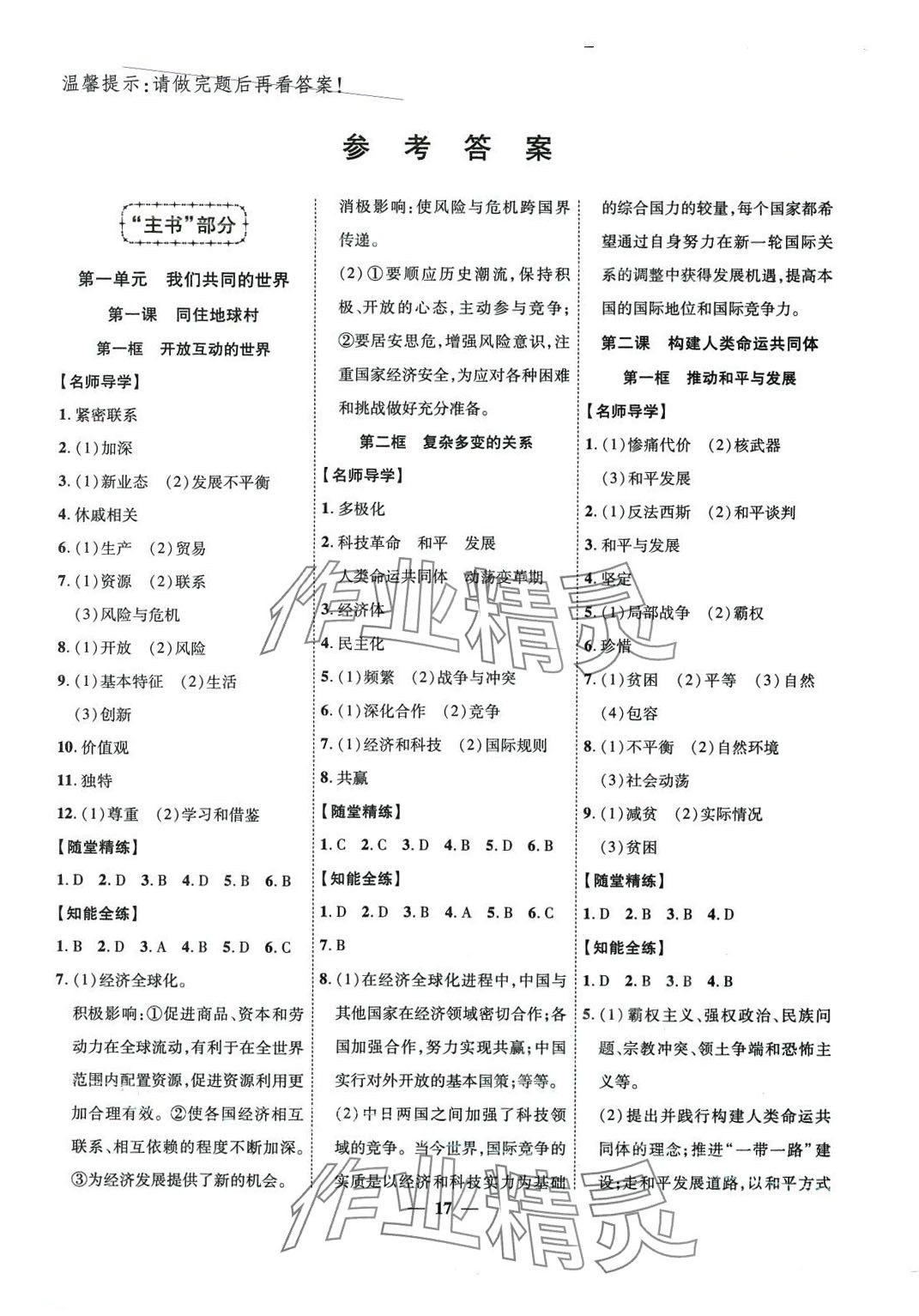 2024年本土教辅名校学案初中生辅导九年级道德与法治下册人教版 第1页