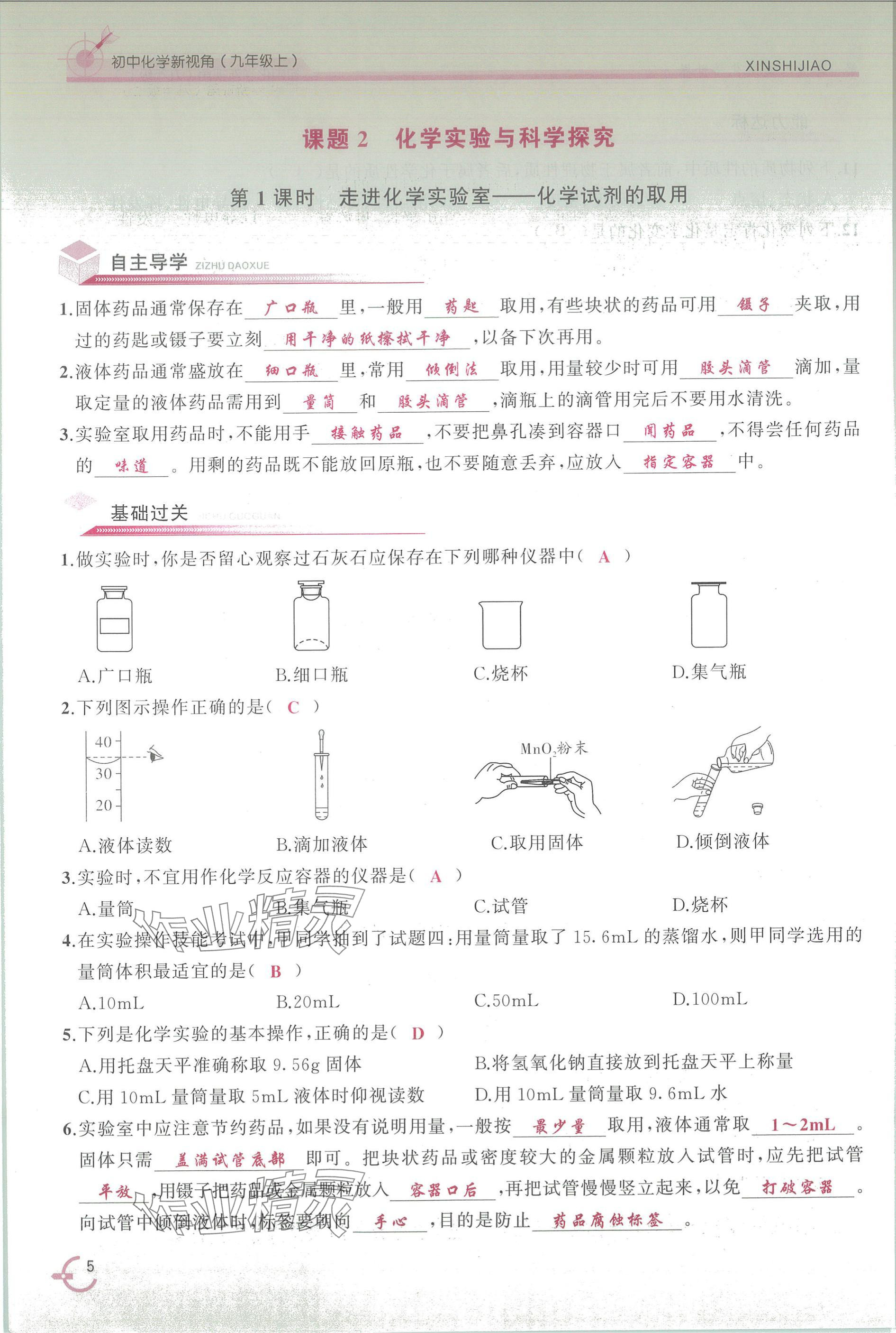 2025年新视角教辅系列丛书九年级化学上册人教版 参考答案第5页
