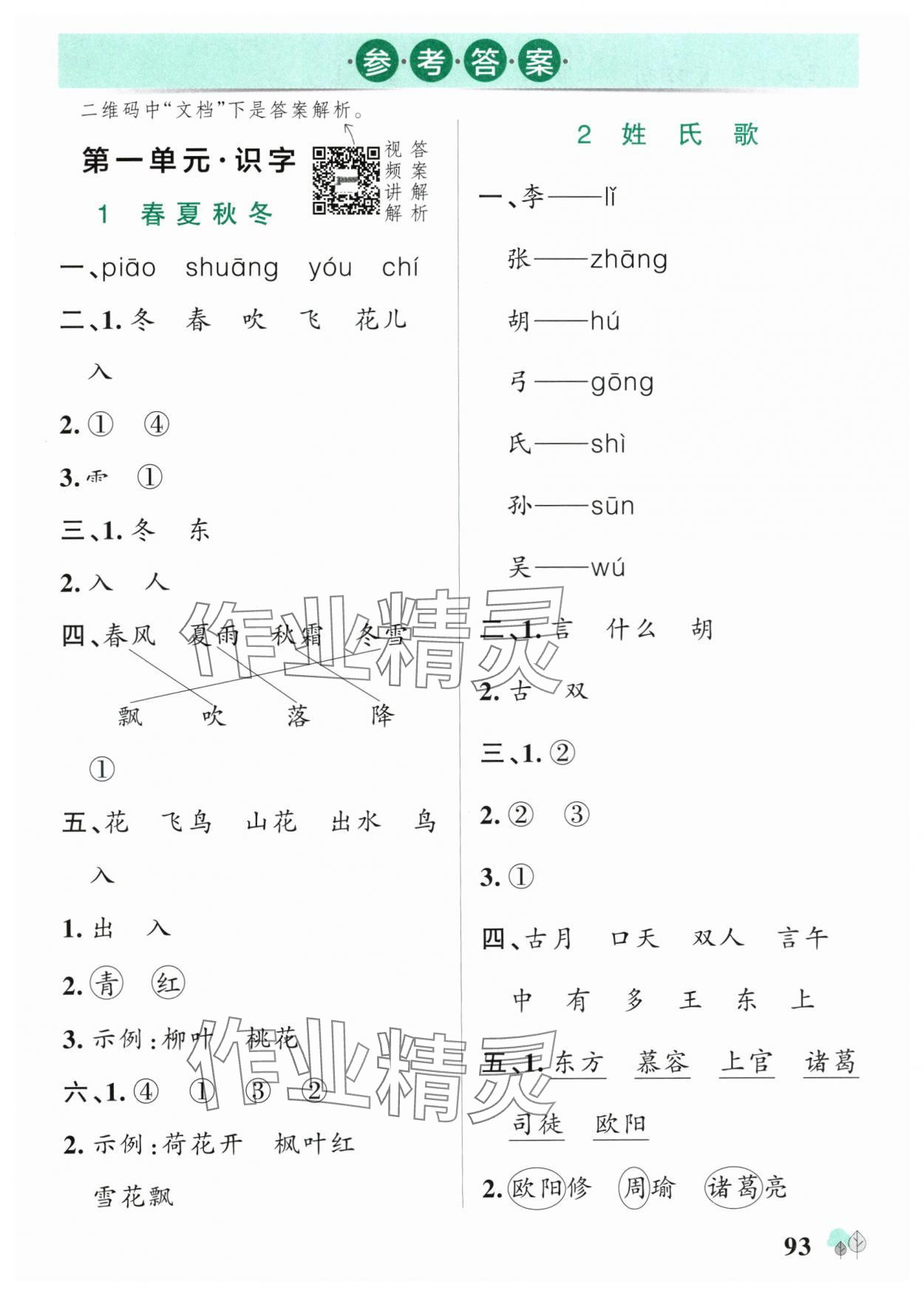 2025年綠卡提優特訓一年級語文下冊人教版江蘇專版 參考答案第1頁