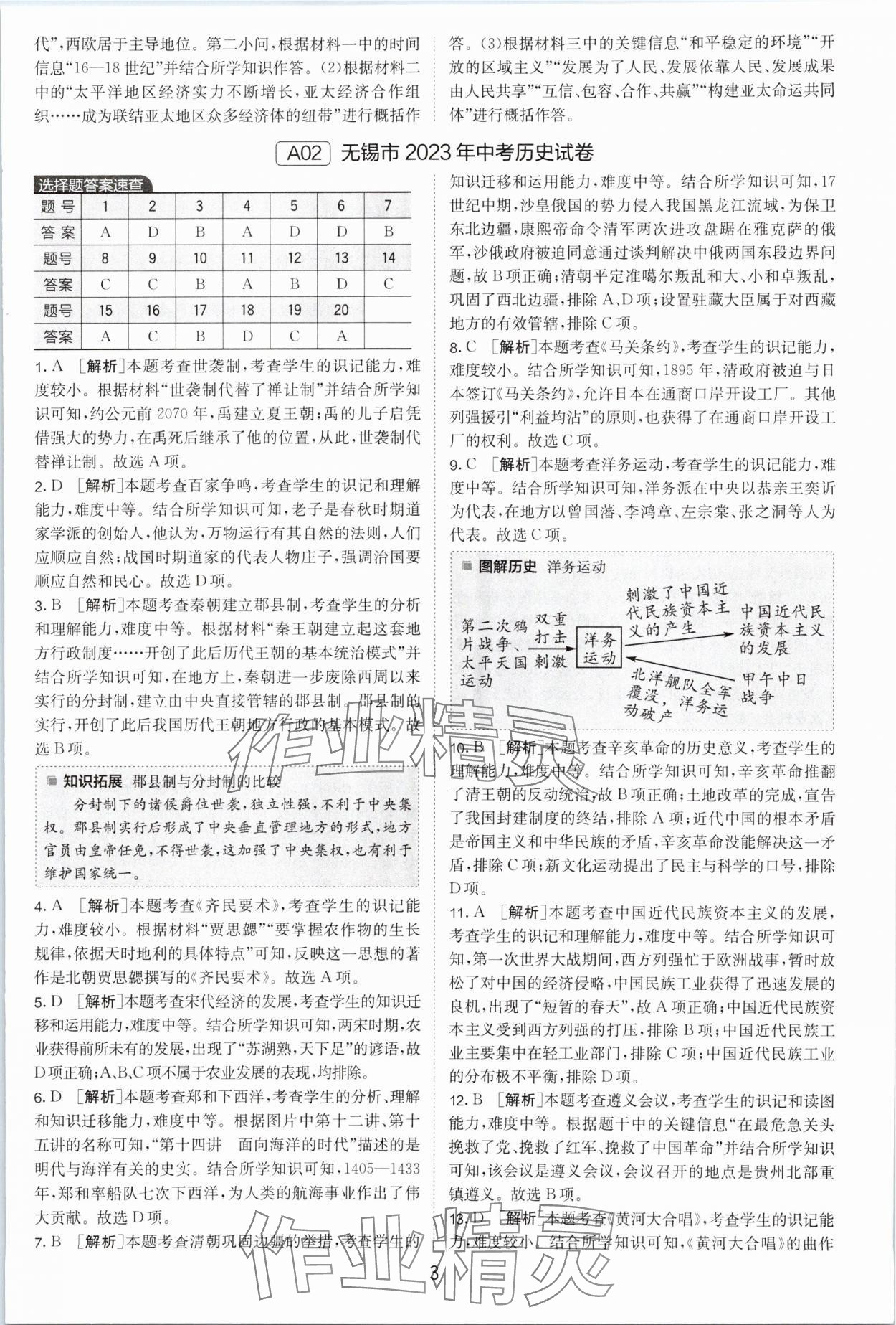 2024年春雨教育江蘇13大市中考試卷精選歷史 參考答案第3頁