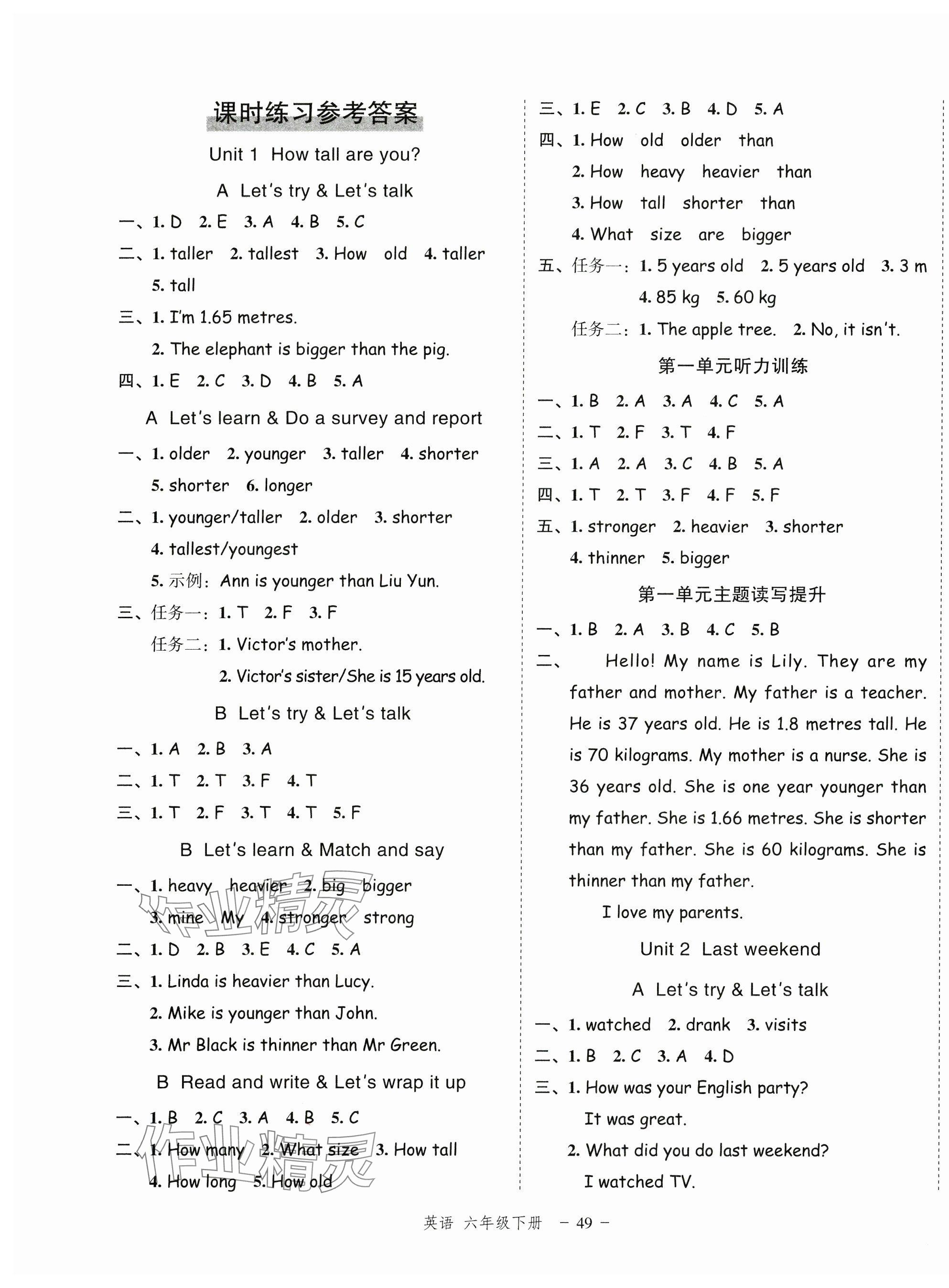 2025年名師面對(duì)面先學(xué)后練六年級(jí)英語(yǔ)下冊(cè)人教版浙江專版 參考答案第1頁(yè)