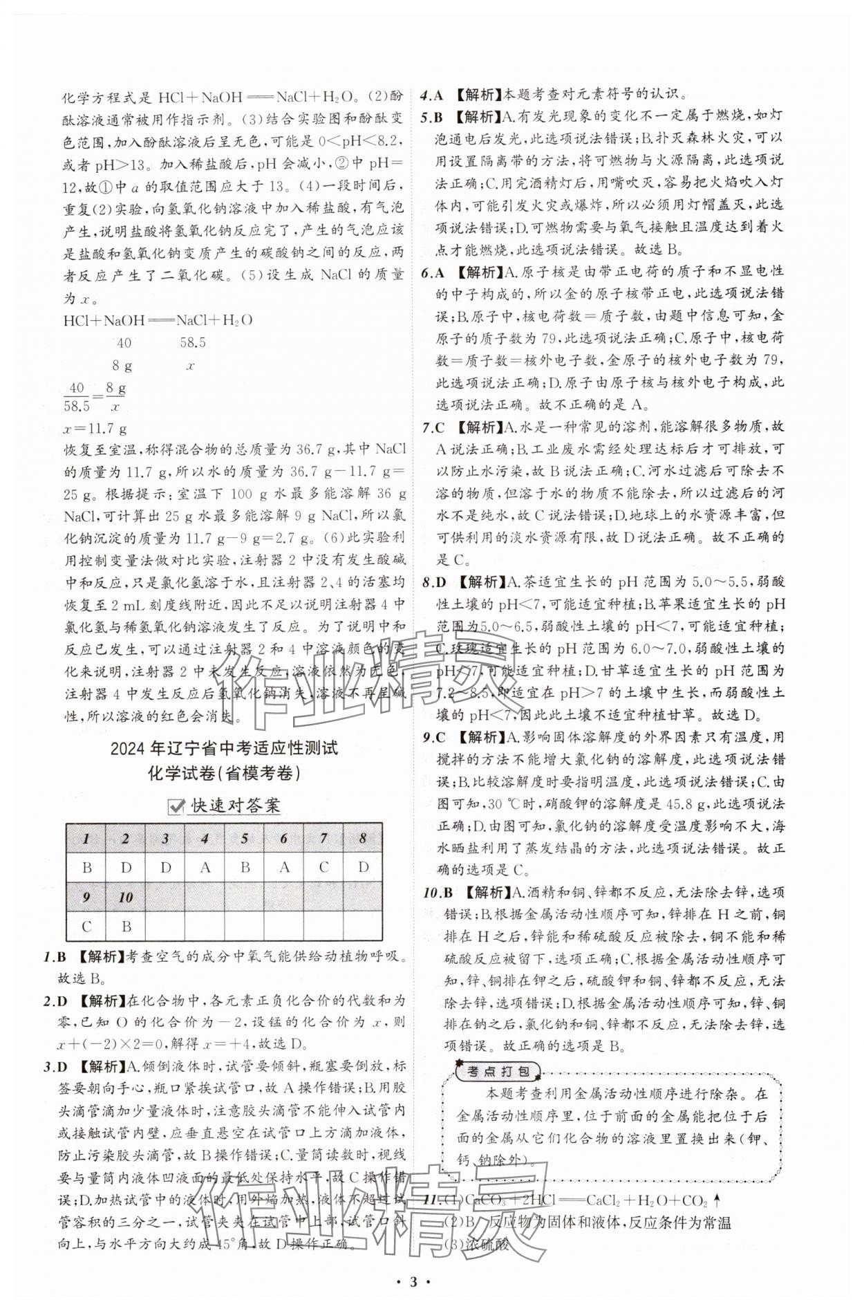 2025年中考必備遼寧師范大學(xué)出版社化學(xué)遼寧專版 參考答案第3頁