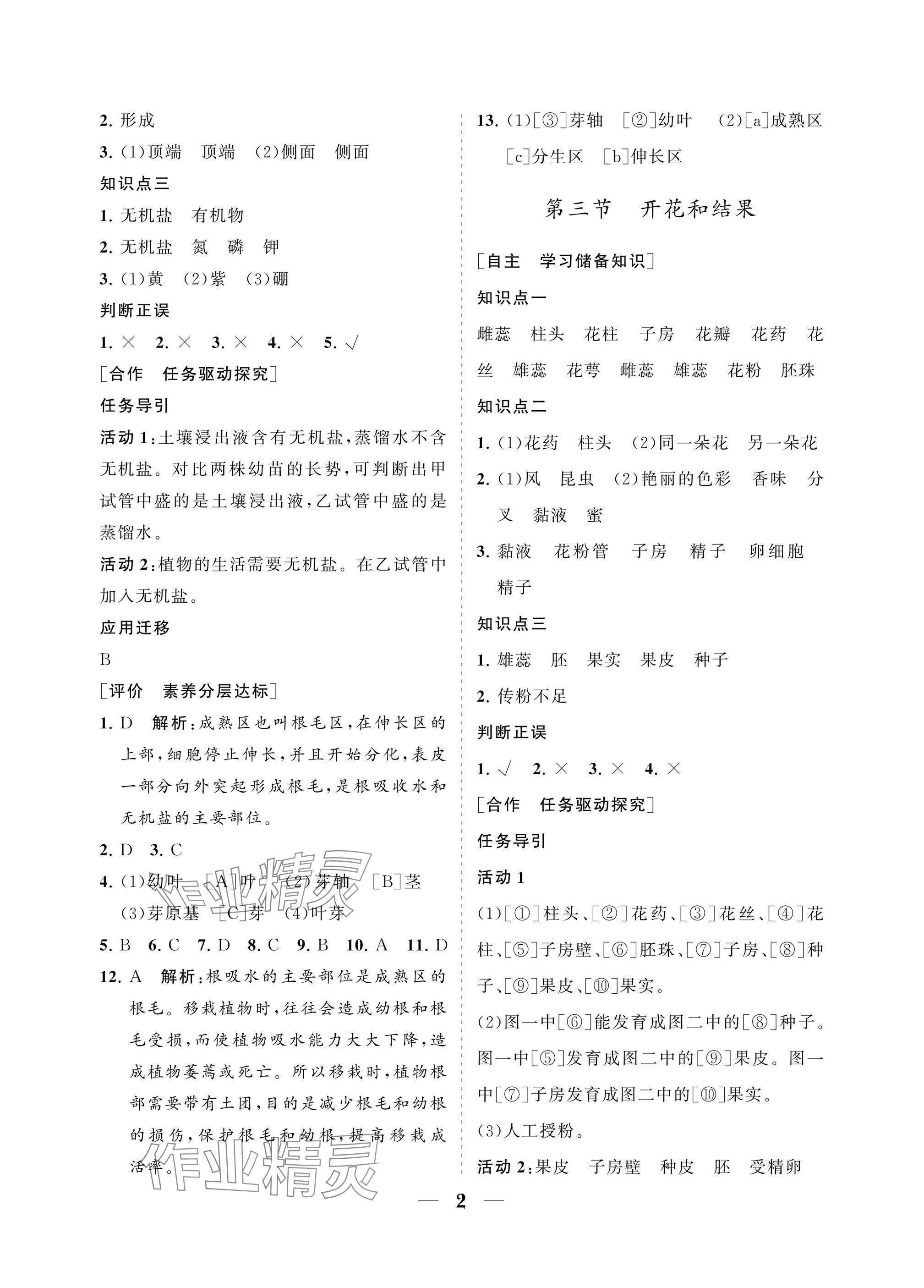2025年配套综合练习甘肃七年级生物下册人教版 参考答案第2页