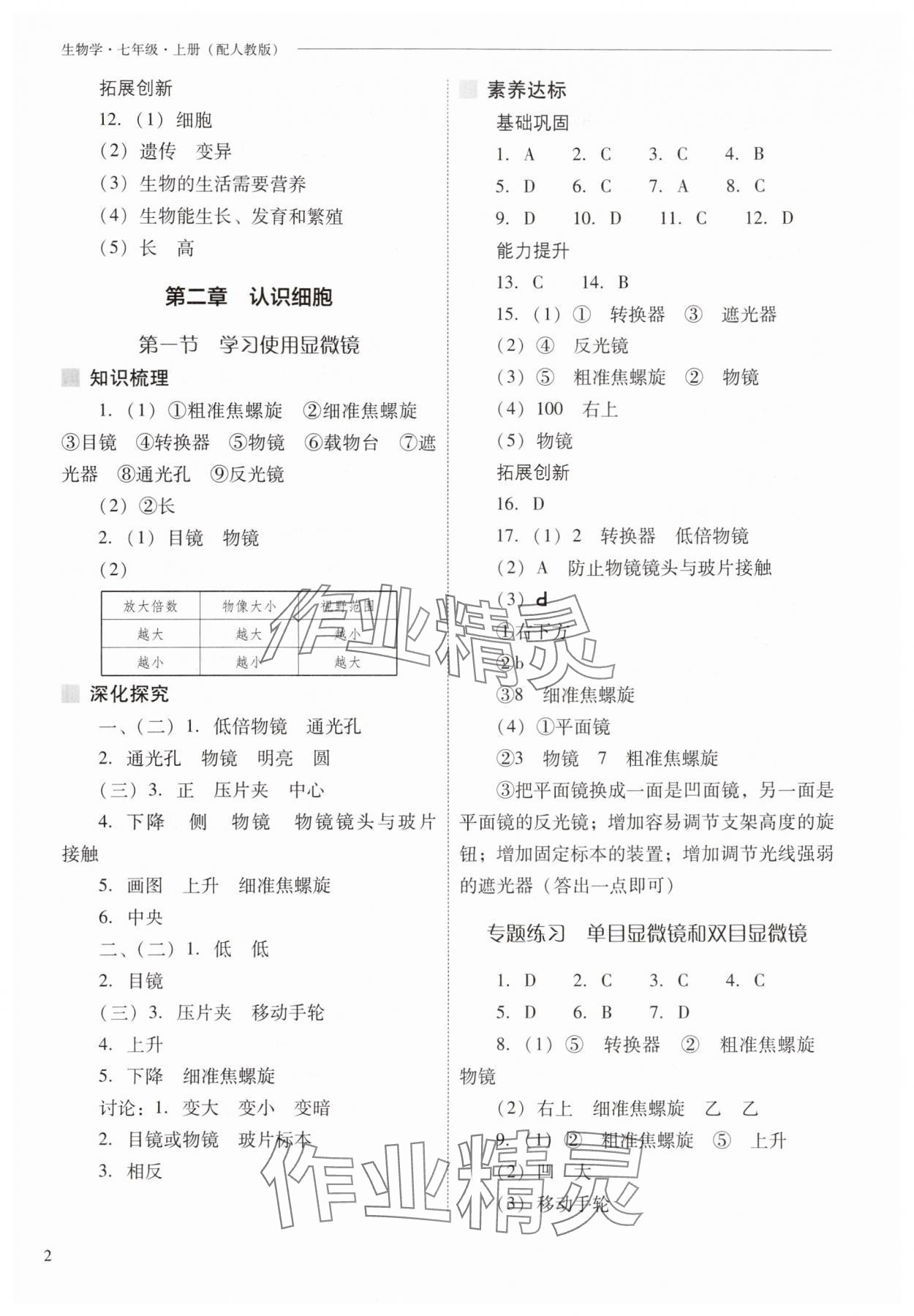 2025年新课程问题解决导学方案七年级生物上册人教版 参考答案第2页