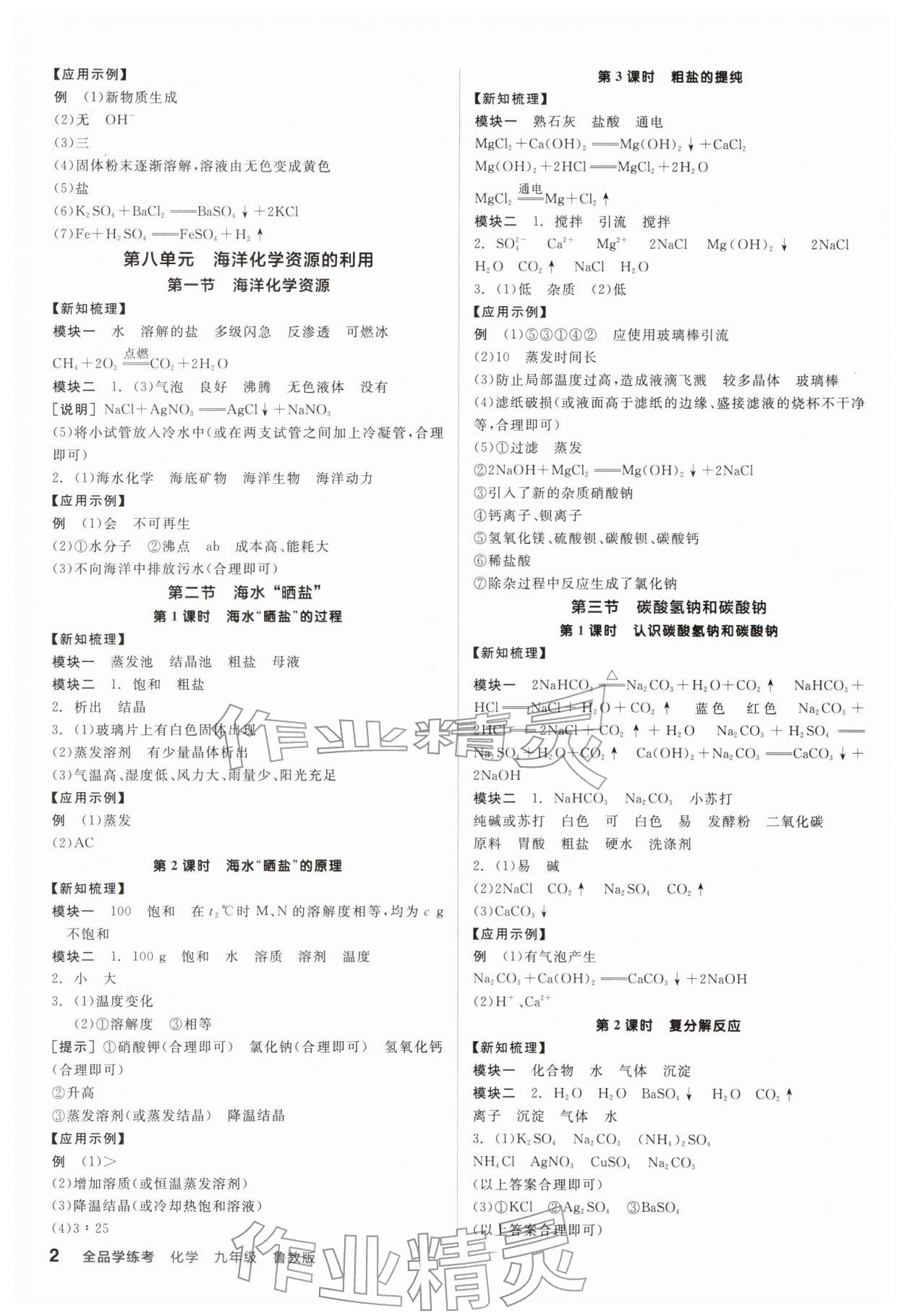 2026年全品学练考九年级化学下册鲁教版&nbsp;参考答案第2页