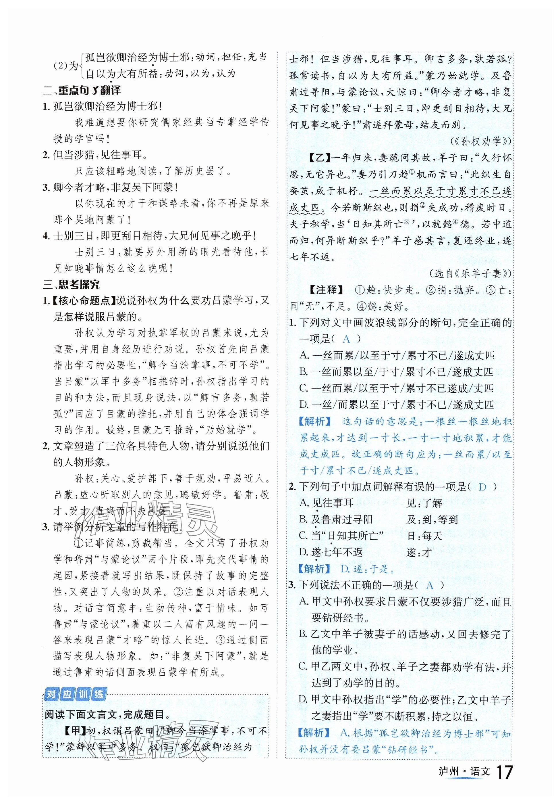 2024年国华考试中考总动员语文泸州专版 参考答案第17页