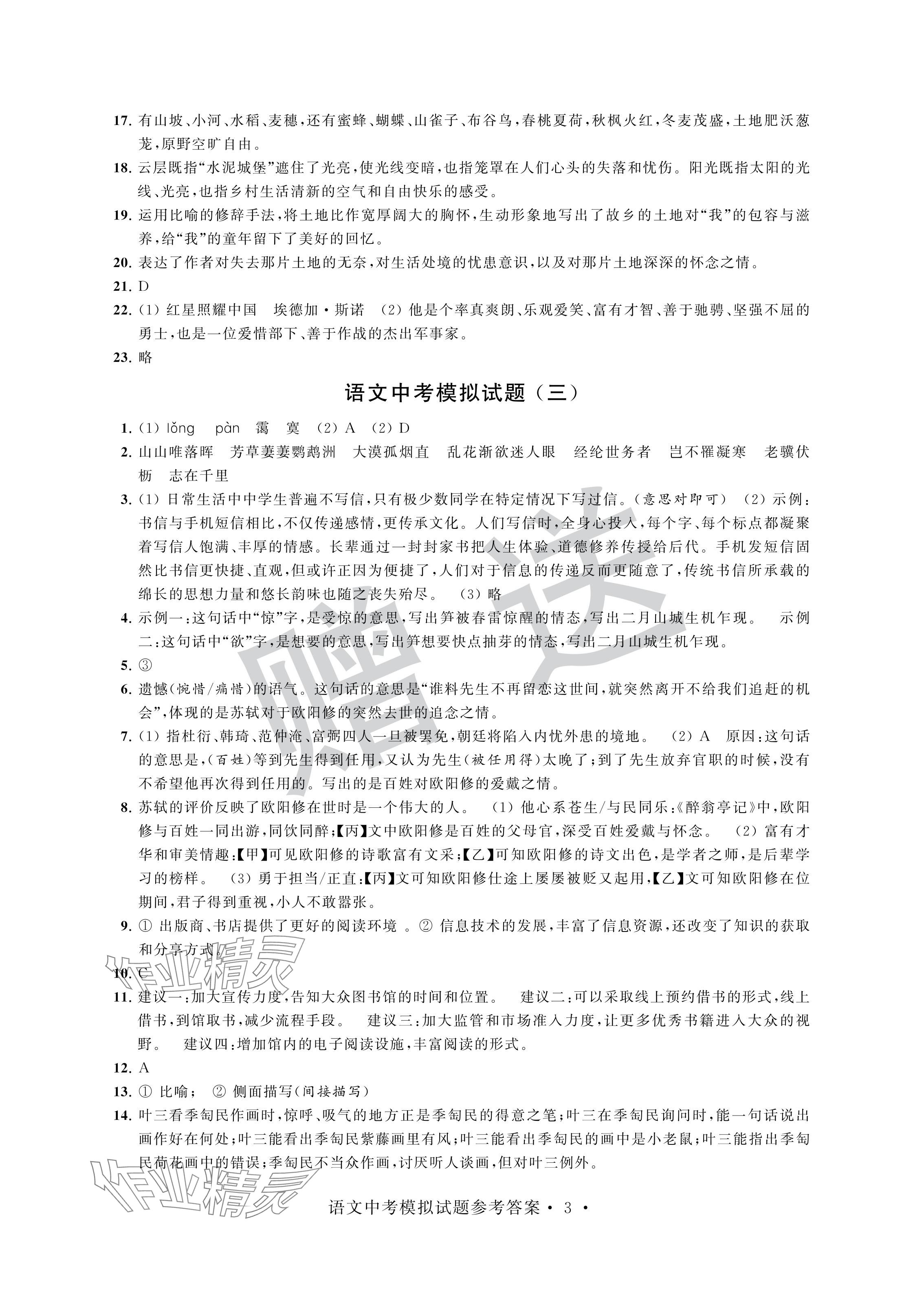 2024年取胜通关中考模拟卷语文&nbsp;参考答案第3页
