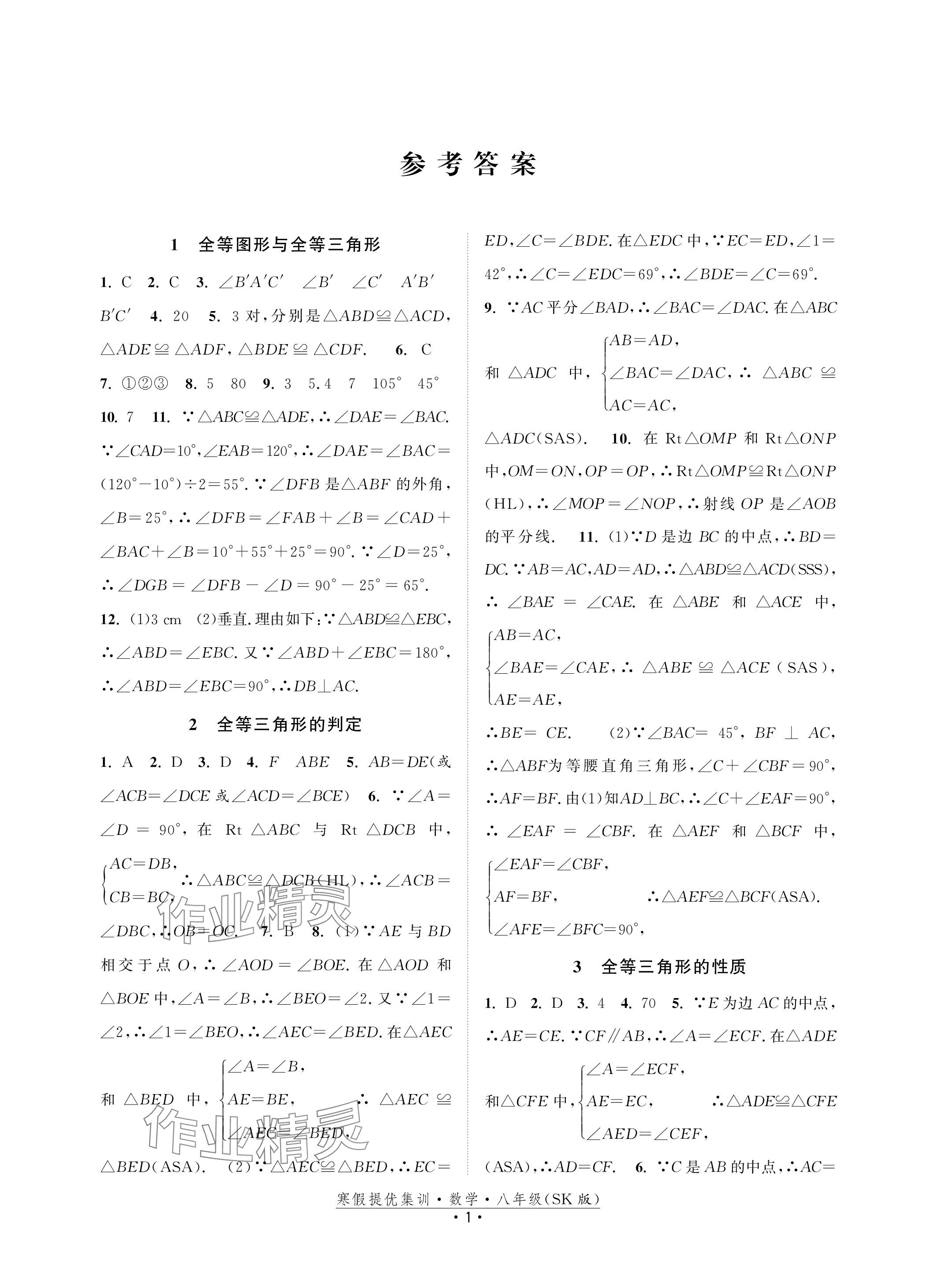 2024年寒假提優集訓20天八年級數學蘇科版 參考答案第1頁