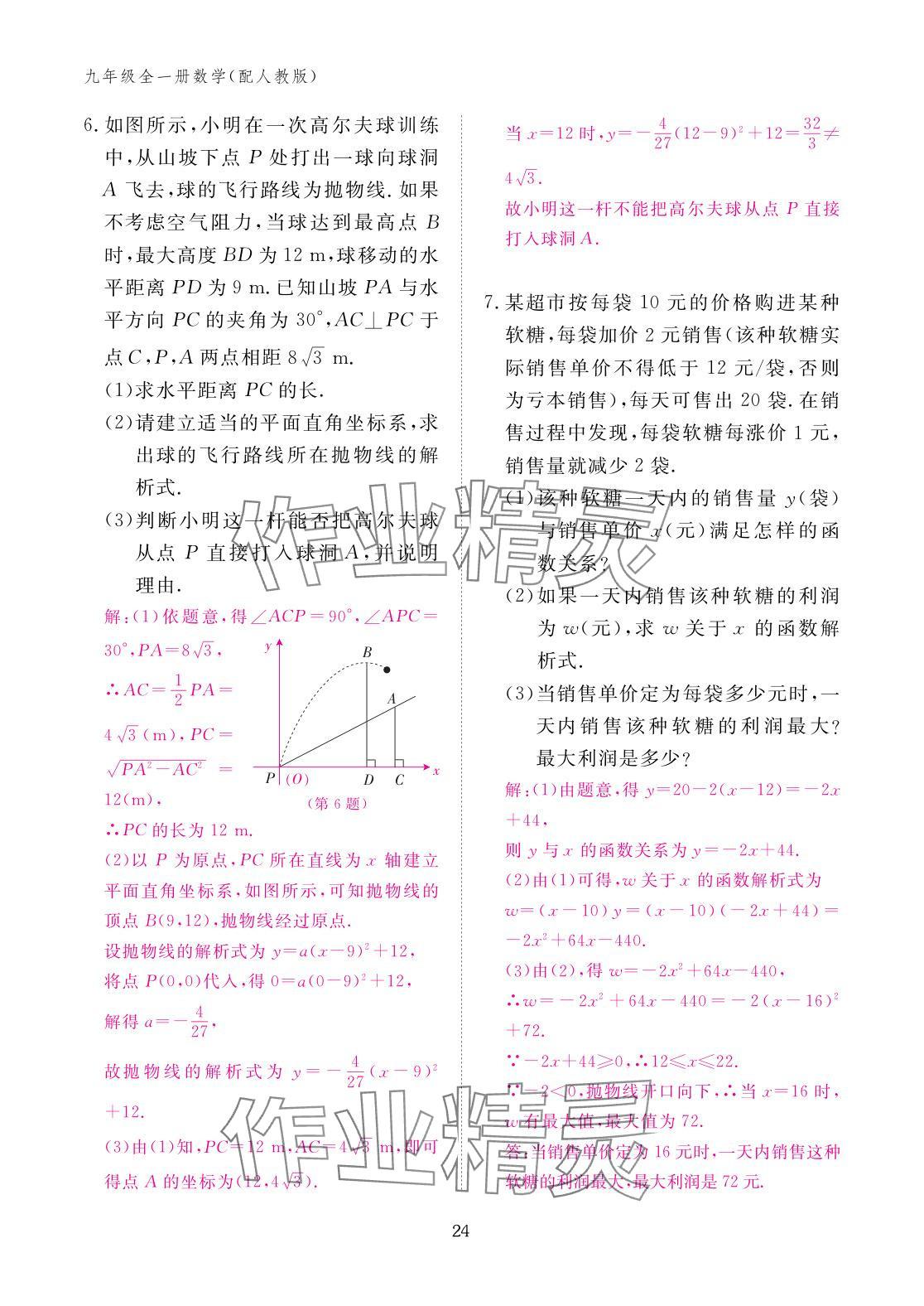 2025年作业本江西教育出版社九年级数学全一册人教版 参考答案第24页